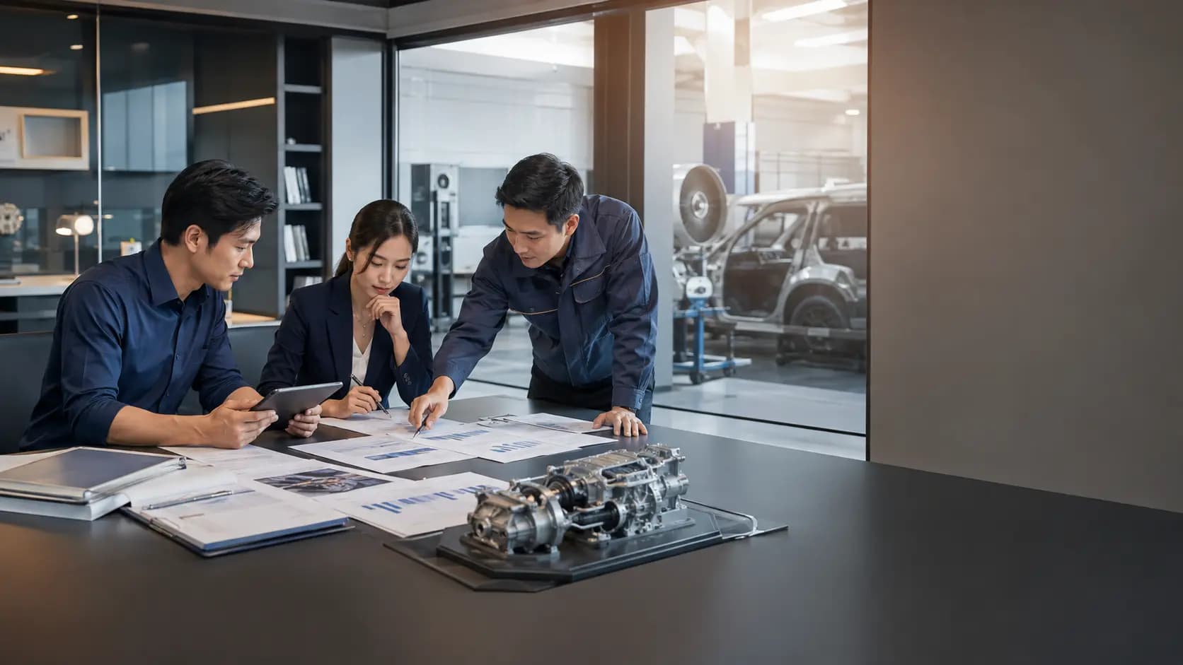Thai automotive analysts and an engineer reviewing industry data beside automotive testing equipment