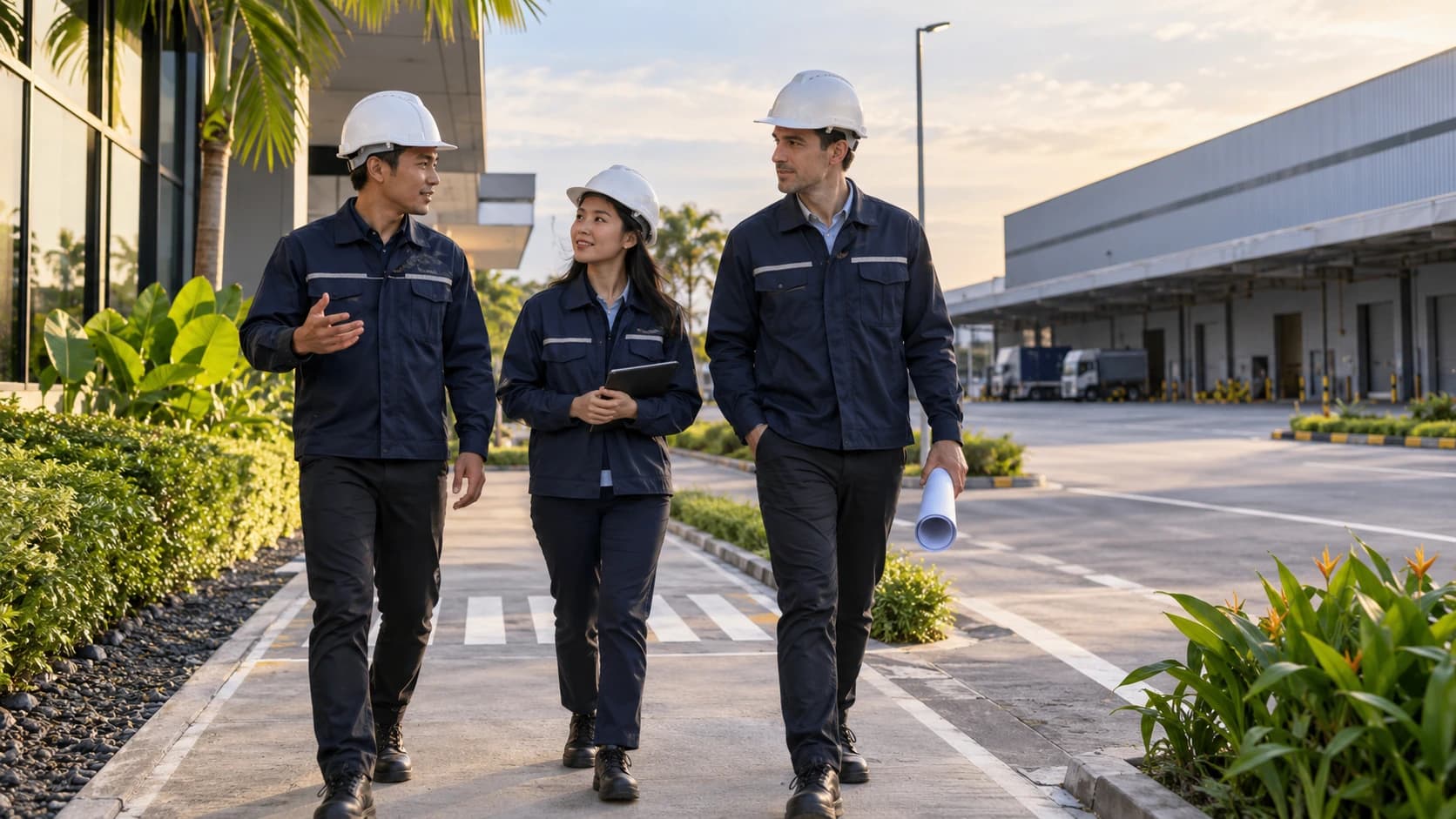 Conceptual project team visiting an industrial facility