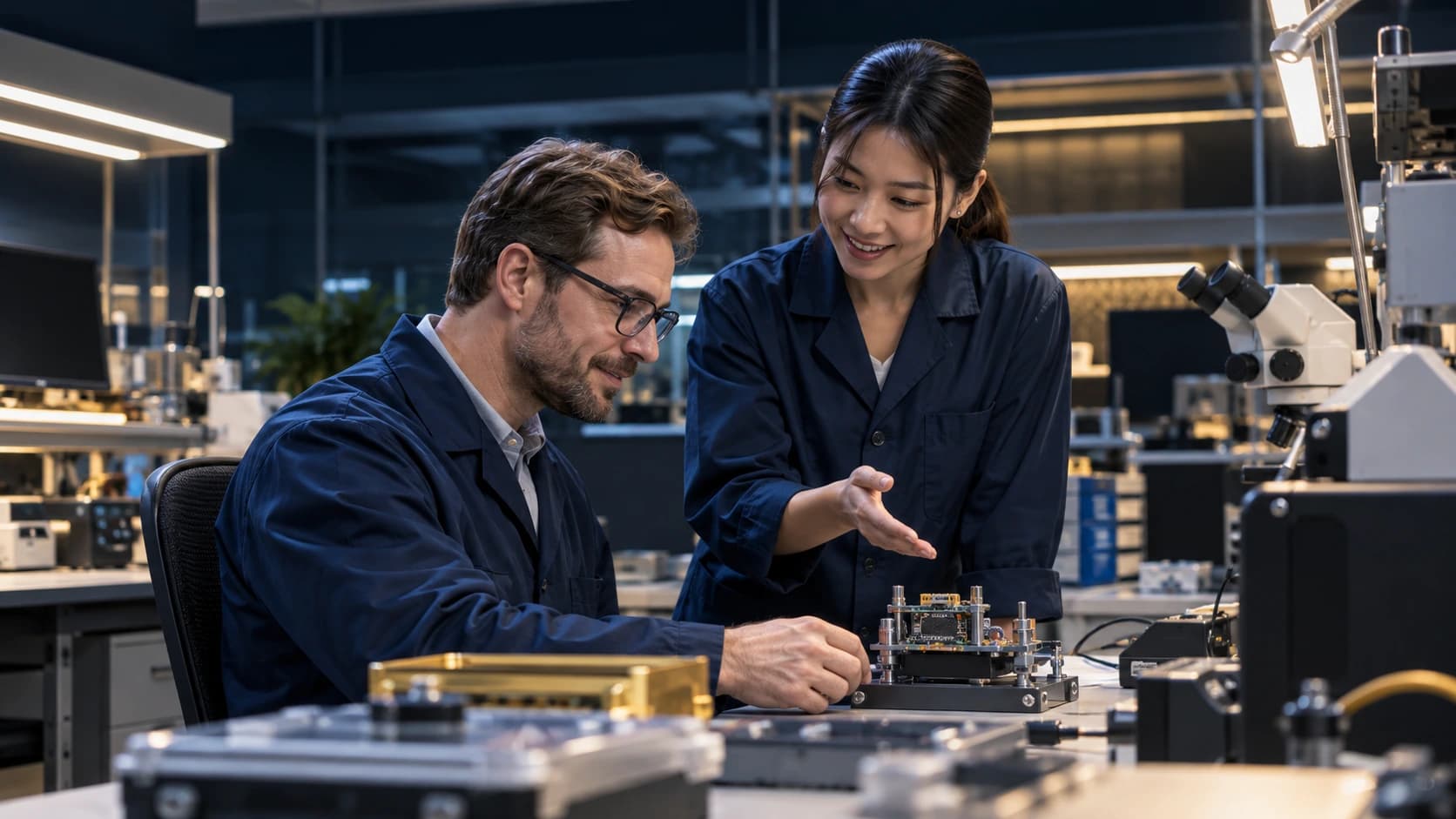 Conceptual technical specialists working in an electronics laboratory