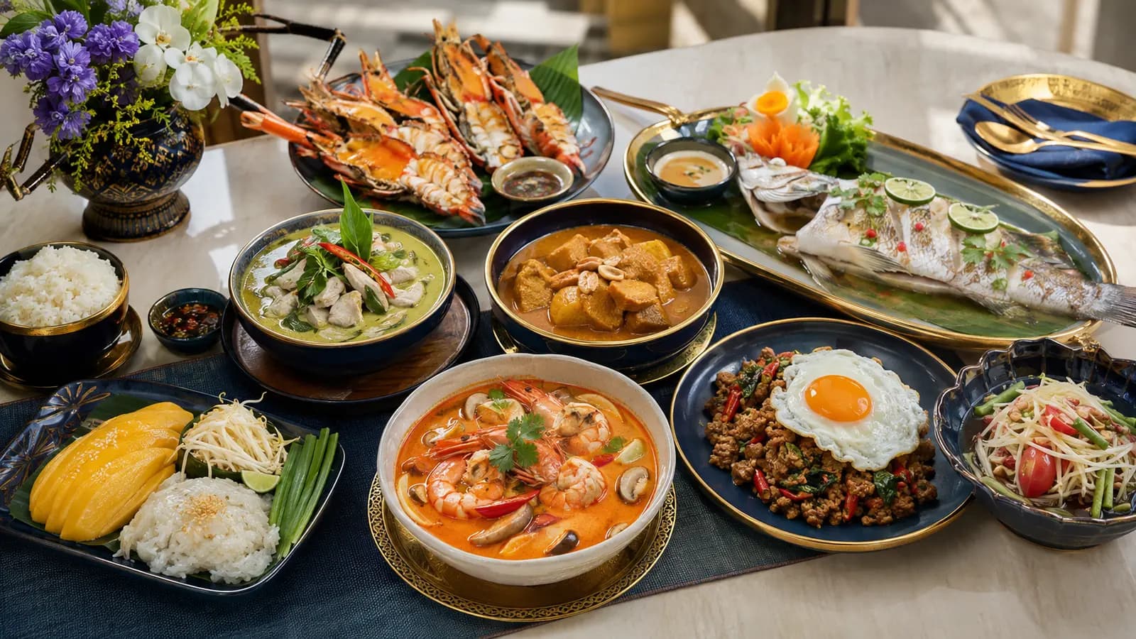 Thai iconic dishes including curries, seafood, som tam and mango sticky rice