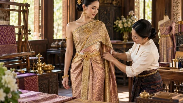ภาพประกอบ: ชุดไทยและงานหัตถกรรมสิ่งทอแบบดั้งเดิม เป็นงานศิลป์เชิงแนวคิดของบุคคลและฉากที่ไม่ระบุตัวตน ไม่ใช่ภาพถ่ายของบุคคล เหตุการณ์ รางวัล หรือผลการจัดอันดับจริง
