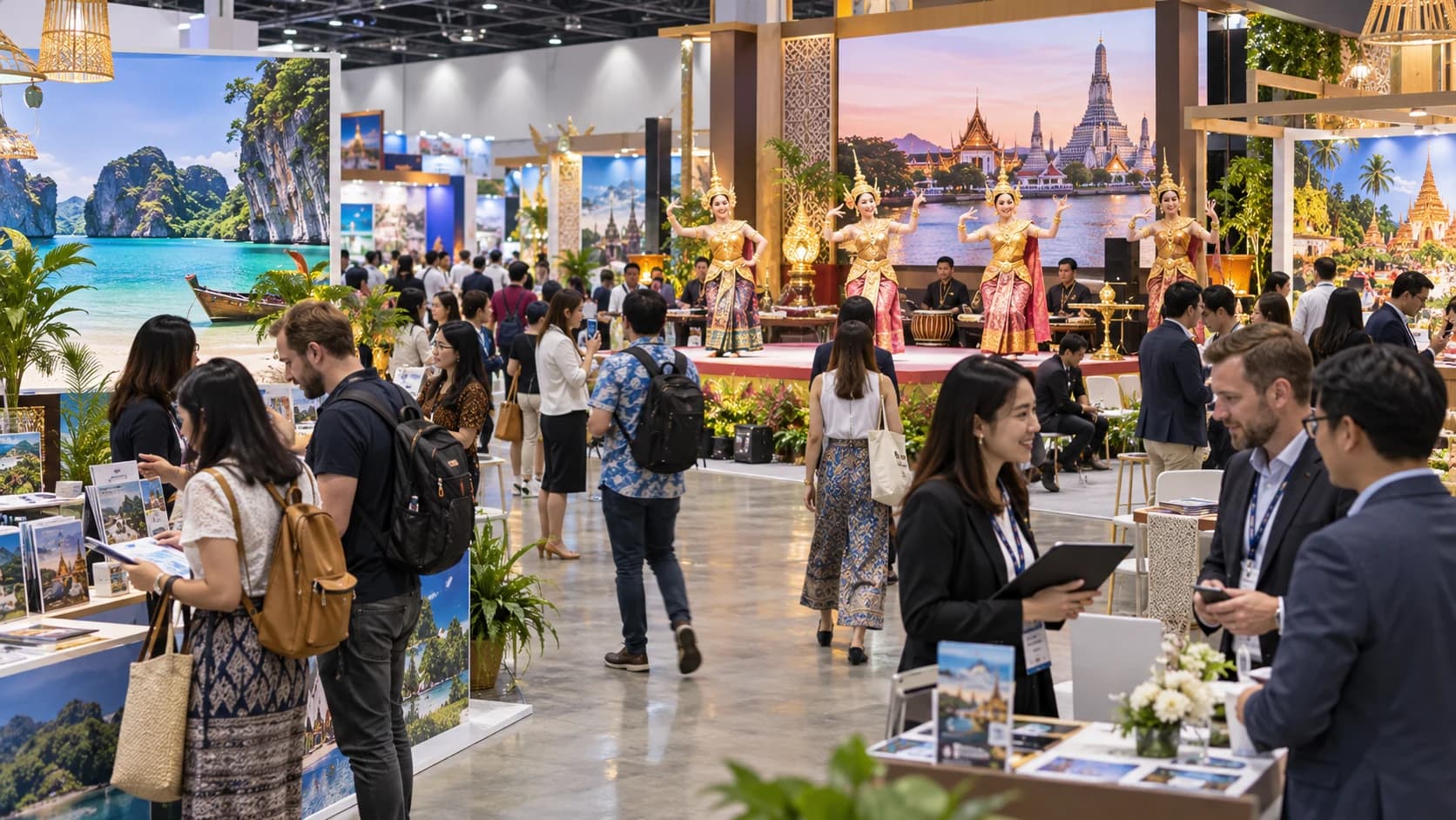 Illustrative image: visitors at a busy travel and culture expo with Thai dance performers. A concept illustration, not a photograph of the World Travel & Culture Expo.