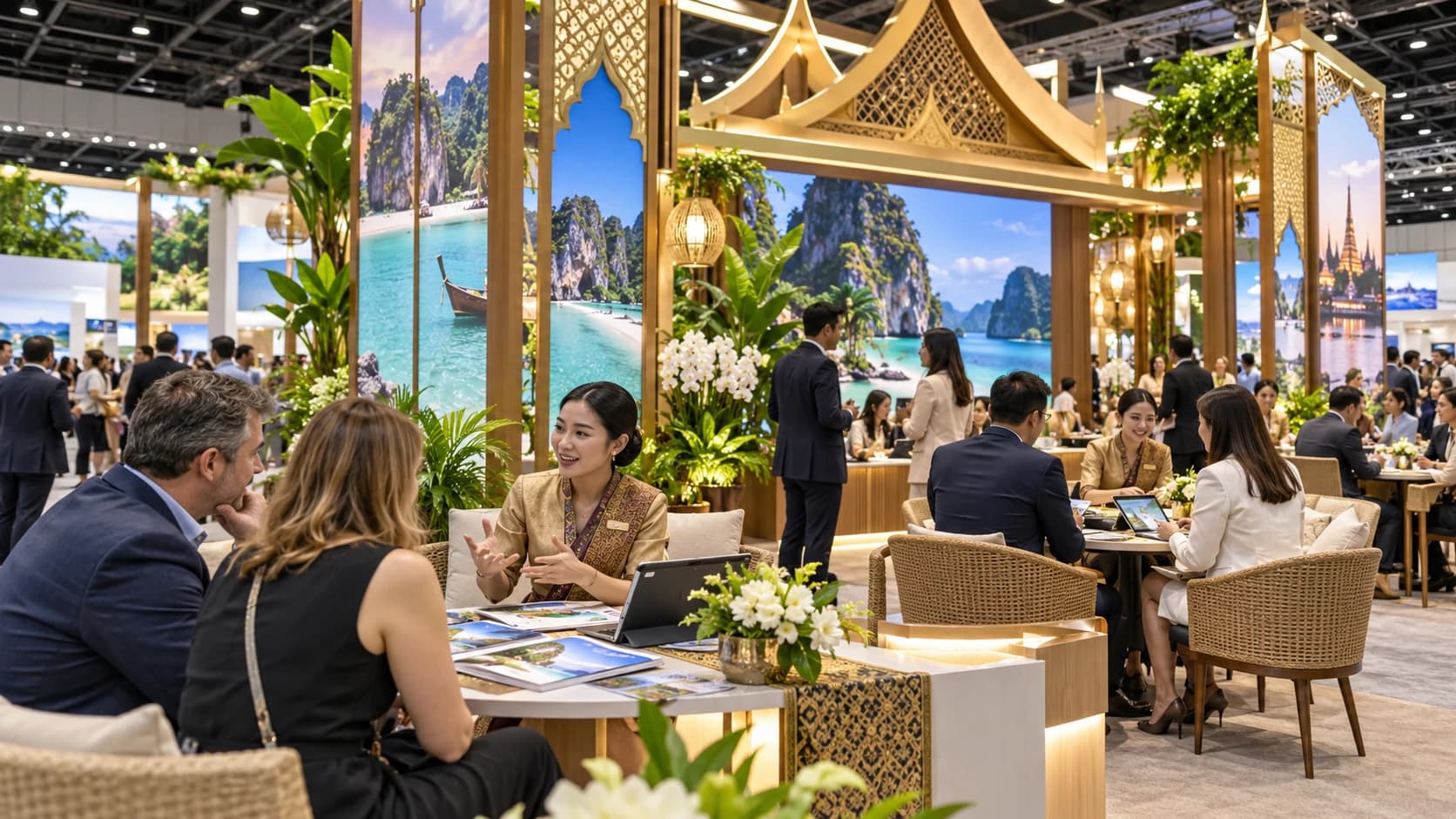Illustrative image: a Thailand-themed tourism pavilion at a travel trade fair. A concept illustration, not a photograph of the ITB Asia 2026 Thailand stand.