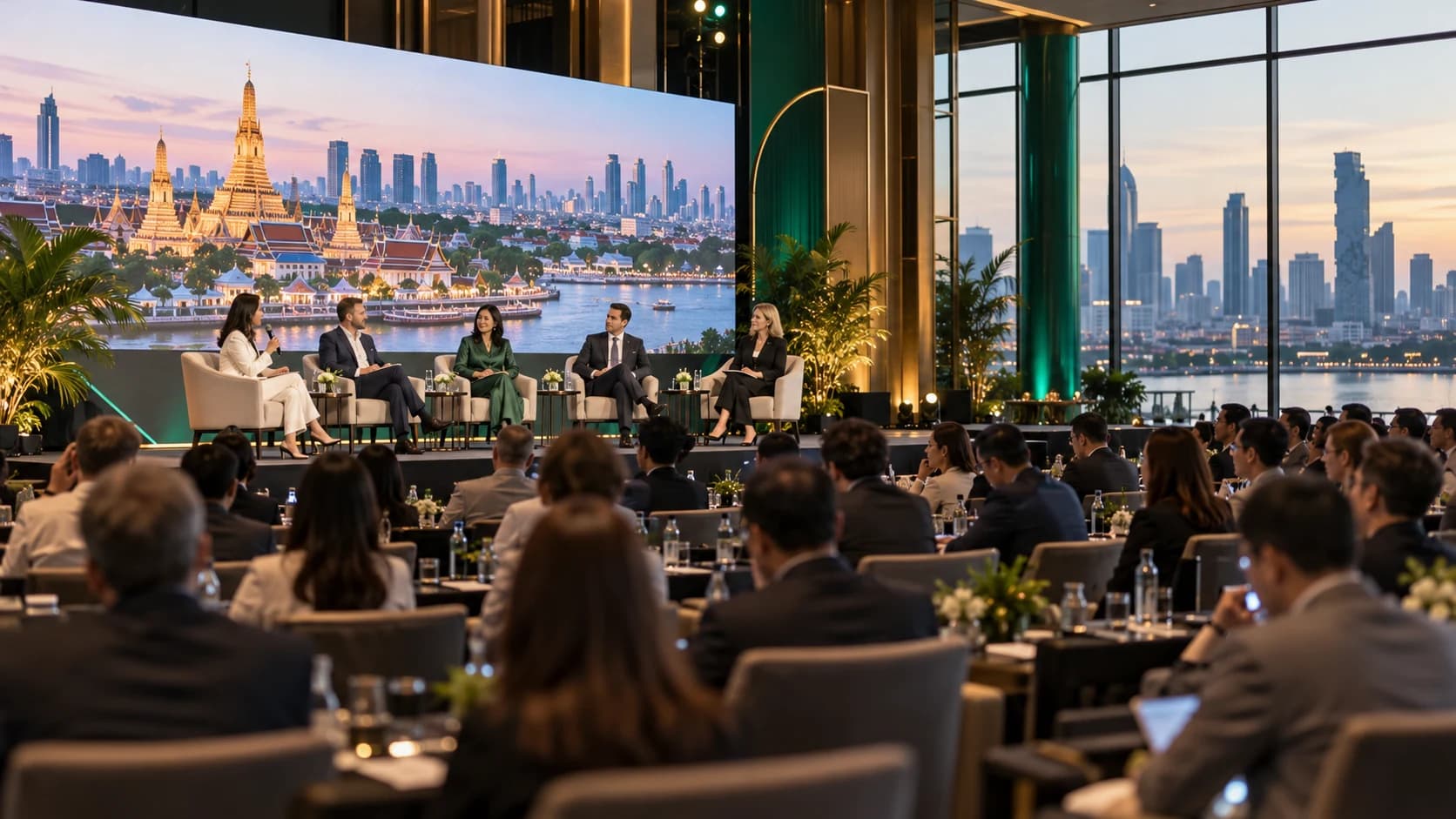 Illustrative image: a tourism panel discussion on a conference stage with a Bangkok skyline. A concept illustration, not a photograph of the CNN Global Perspectives forum.