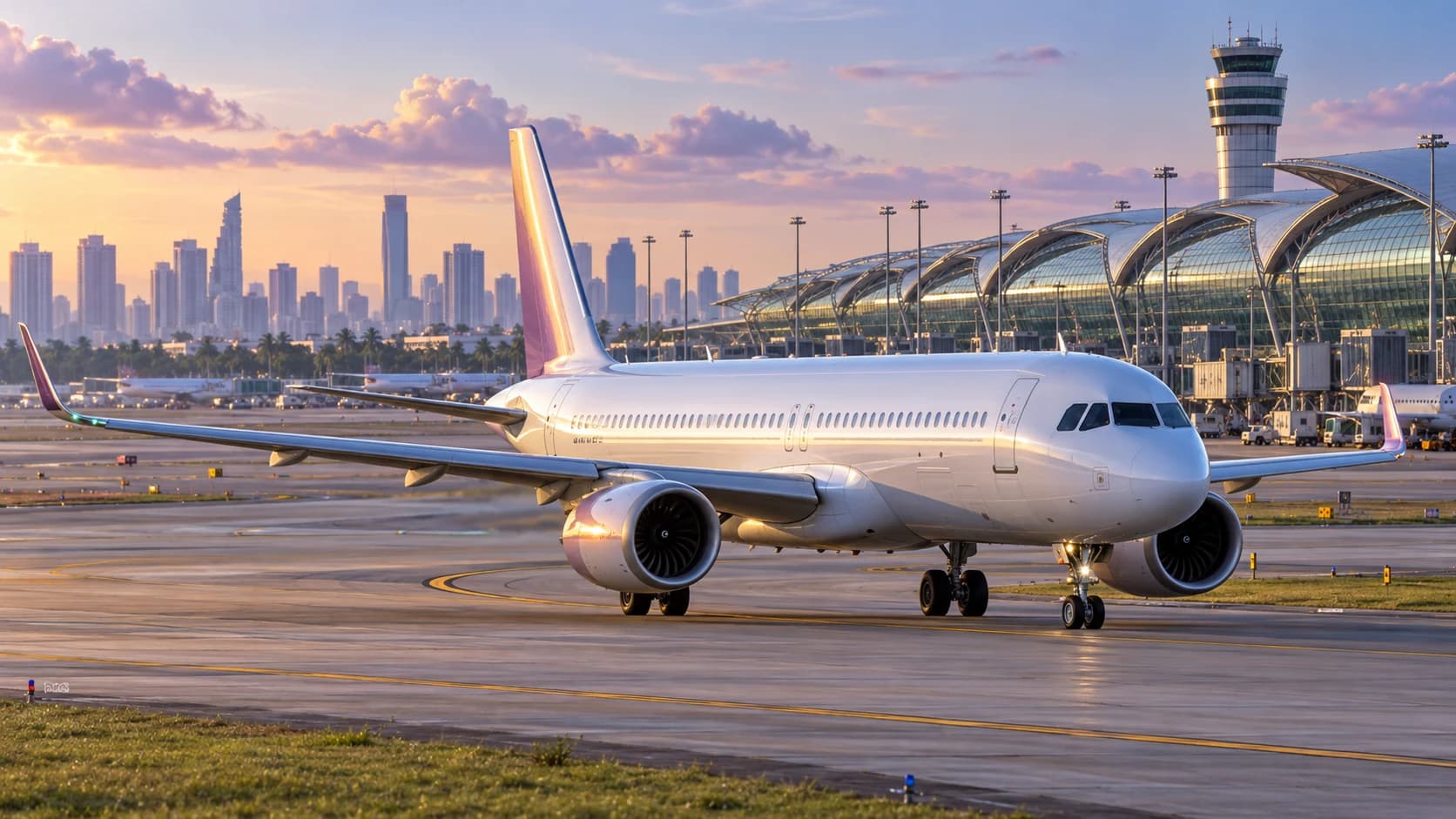 Illustrative image: an unmarked passenger jet taxiing at an airport with a city skyline. A generic concept illustration, not a photograph of a Thai Airways aircraft.