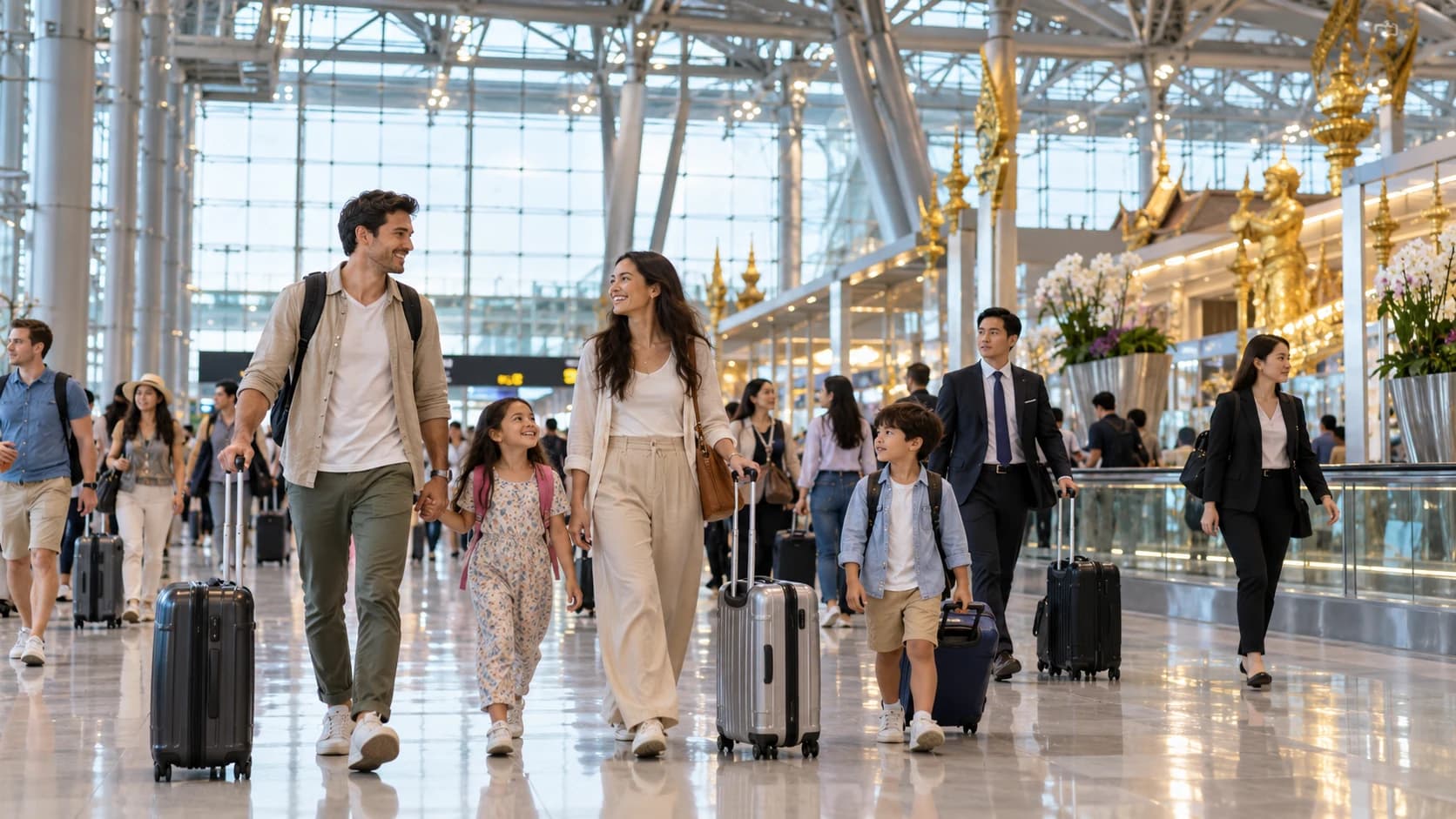 Illustrative image: international visitors arriving in Thailand. A concept illustration, not a photograph of the figures or events reported.