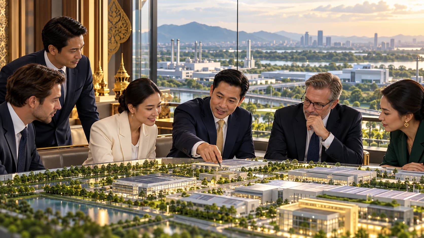Illustrative image: business executives reviewing a scale model of an industrial and technology park at sunset. A concept illustration, not a photograph of the Board of Investment, its anniversary or any named project.