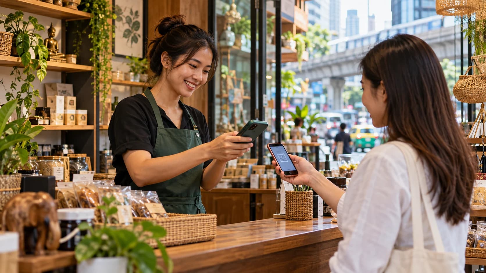 Illustrative image: a shopper paying by QR code on a phone at a Bangkok shop counter. A concept illustration, not a photograph of TAGTHAi Easy Pay or its retail partners.
