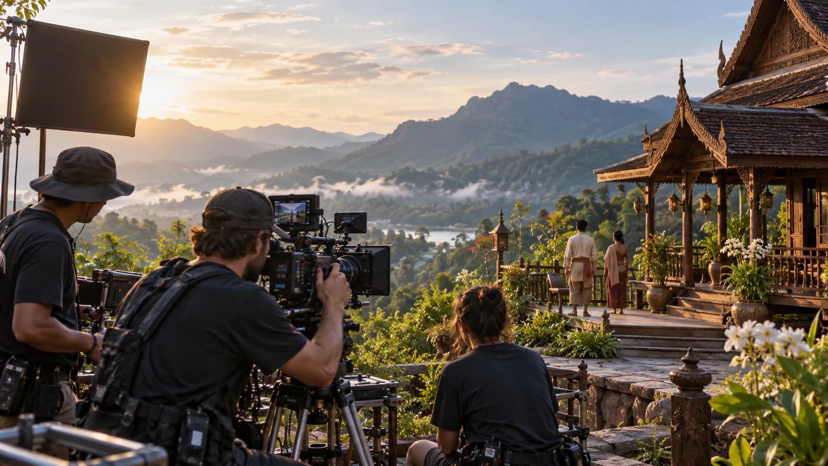 Illustrative image: a film crew shooting on a hillside location in northern Thailand. A concept illustration, not a photograph of TIFF 2026 or of a specific production.