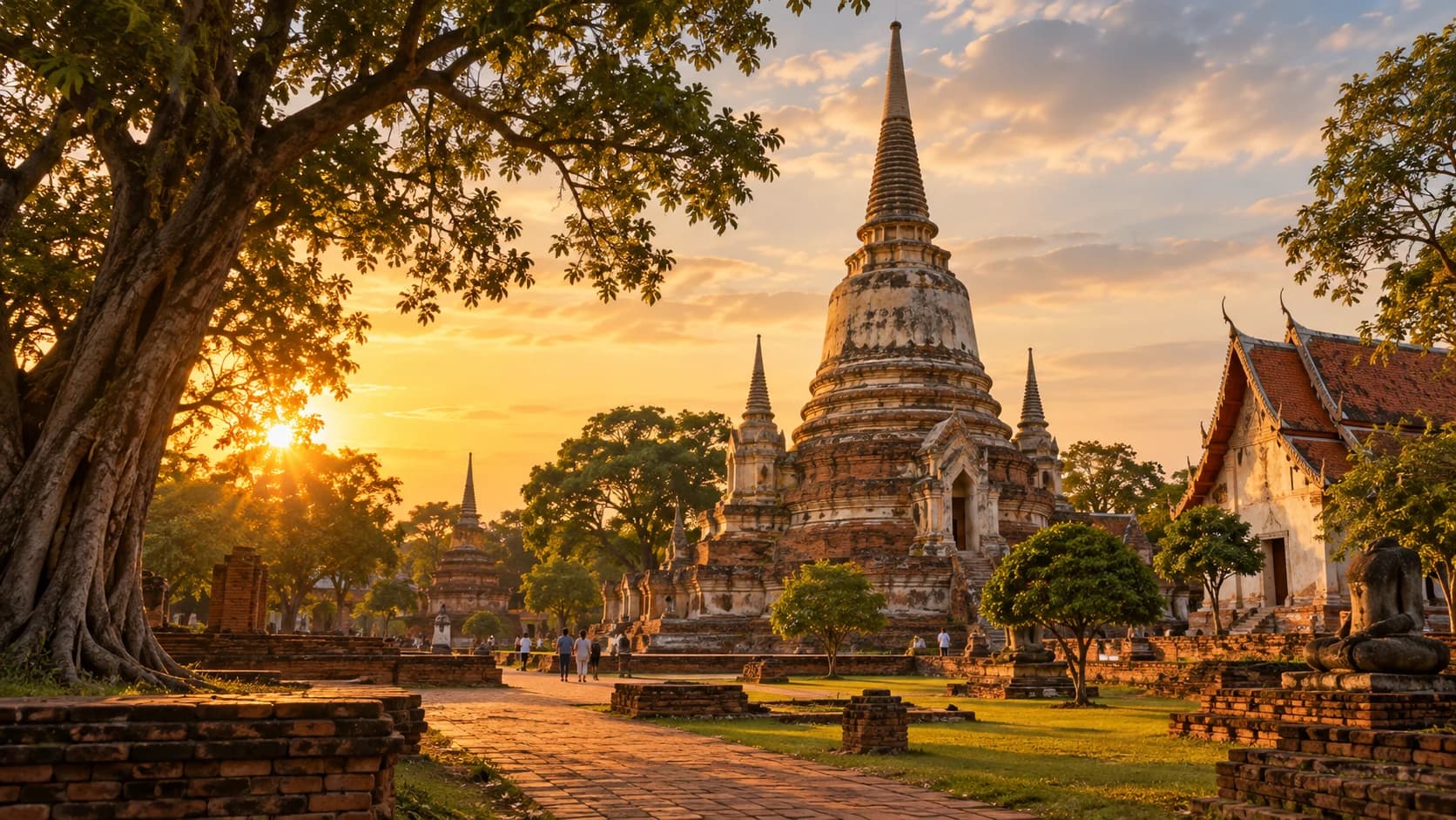 Illustrative image: a historic Thai temple stupa at sunset. A concept illustration, not a photograph of Wat Phra Mahathat Woramahawihan.