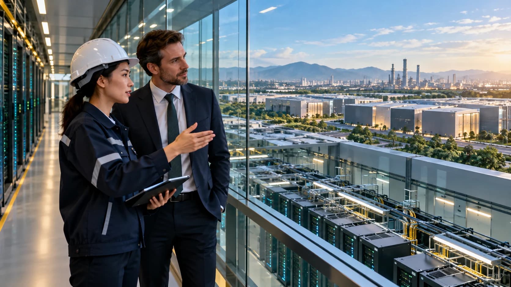 Illustrative image: an engineer and an executive overlooking a data-centre hall and an industrial park. A concept illustration of digital-infrastructure investment, not a photograph of a specific facility, company or BOI project.