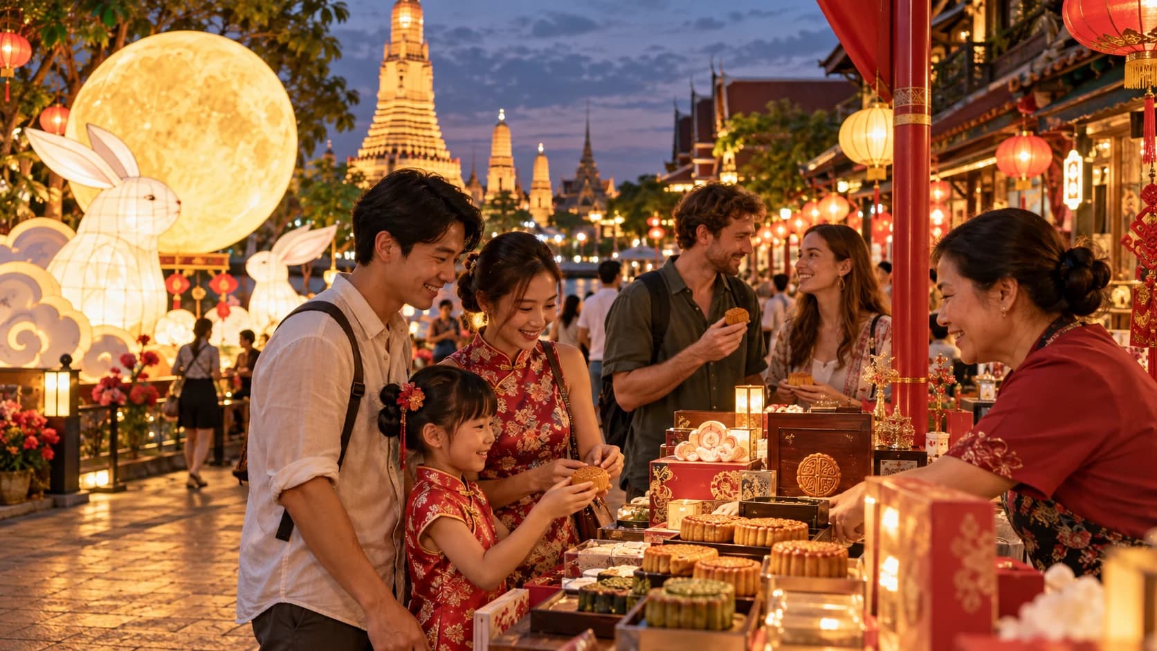 Illustrative image: families buying mooncakes at a lantern-lit Mid-Autumn market beside a Bangkok temple. A concept illustration, not a photograph of the Nihao Month campaign.