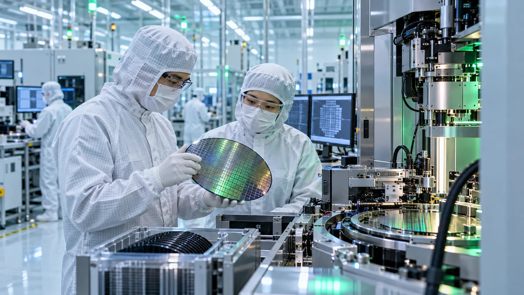 Illustrative image: technicians in cleanroom suits inspecting a silicon wafer. A concept illustration of semiconductor manufacturing, not a photograph of a specific Thai facility.