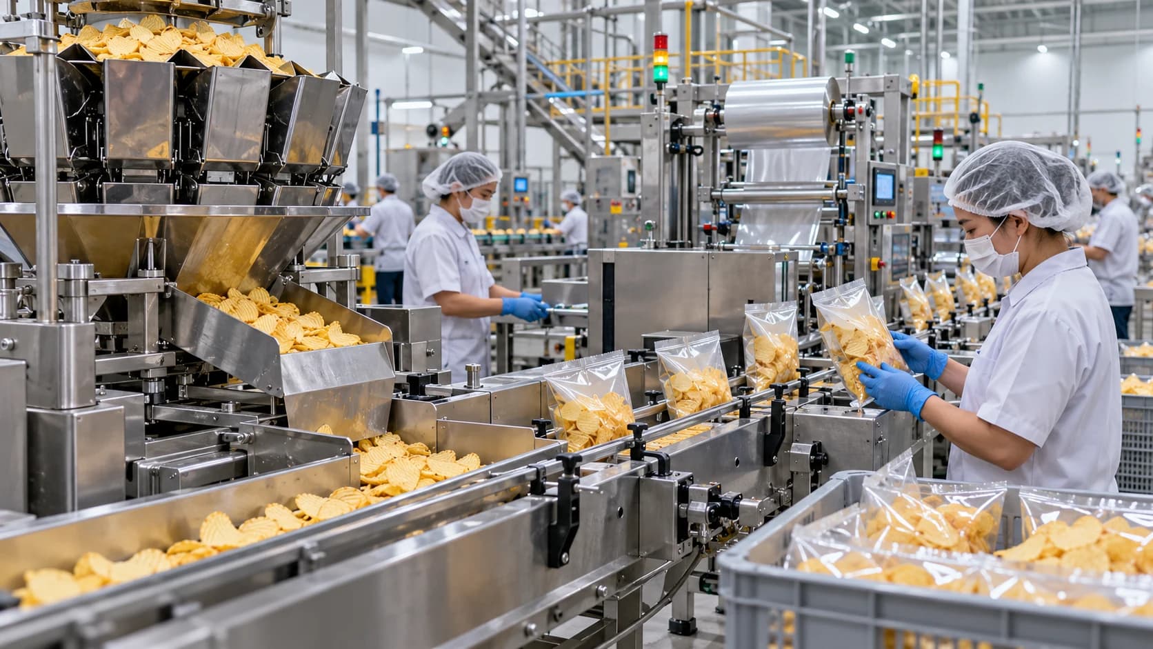Illustrative image: a snack-food packing line with workers in hairnets and gloves. A generic concept illustration, not a photograph of the Mars or Pringles factory in Chonburi.