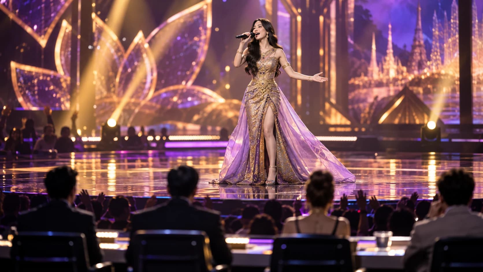 Illustrative image: a fictional singer performing on a televised talent-show stage. A concept illustration, not a photograph of Nene Royal or of America's Got Talent.