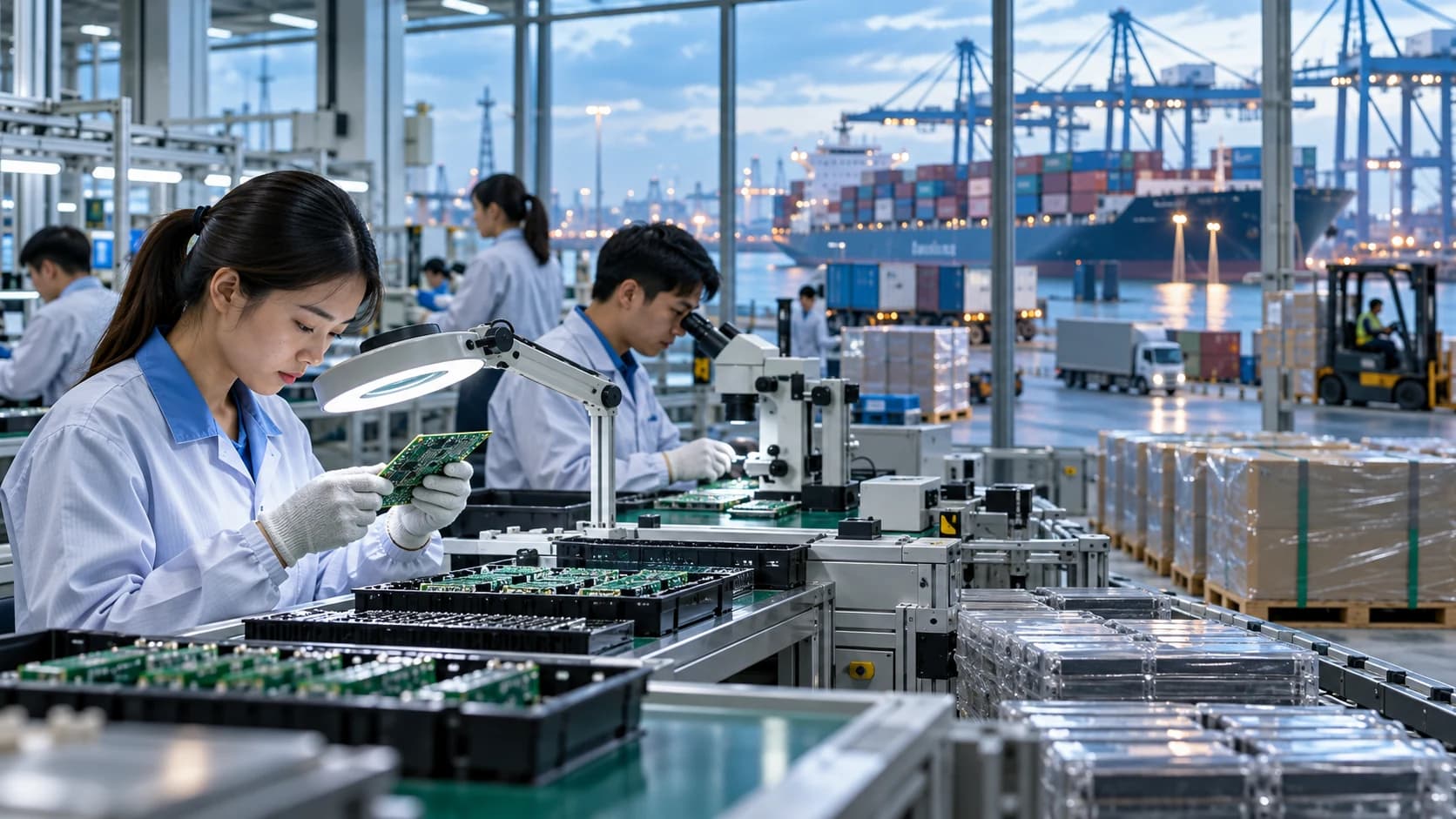 Illustrative image: electronics assembly workers with container ships at a port behind them. A concept illustration of technology exports, not a photograph of a specific factory.