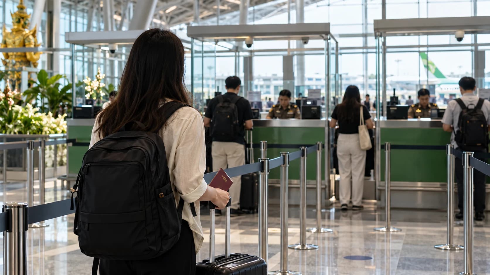 Illustrative image: travellers queuing at an airport immigration hall. A concept illustration, not a photograph of any specific airport or event.