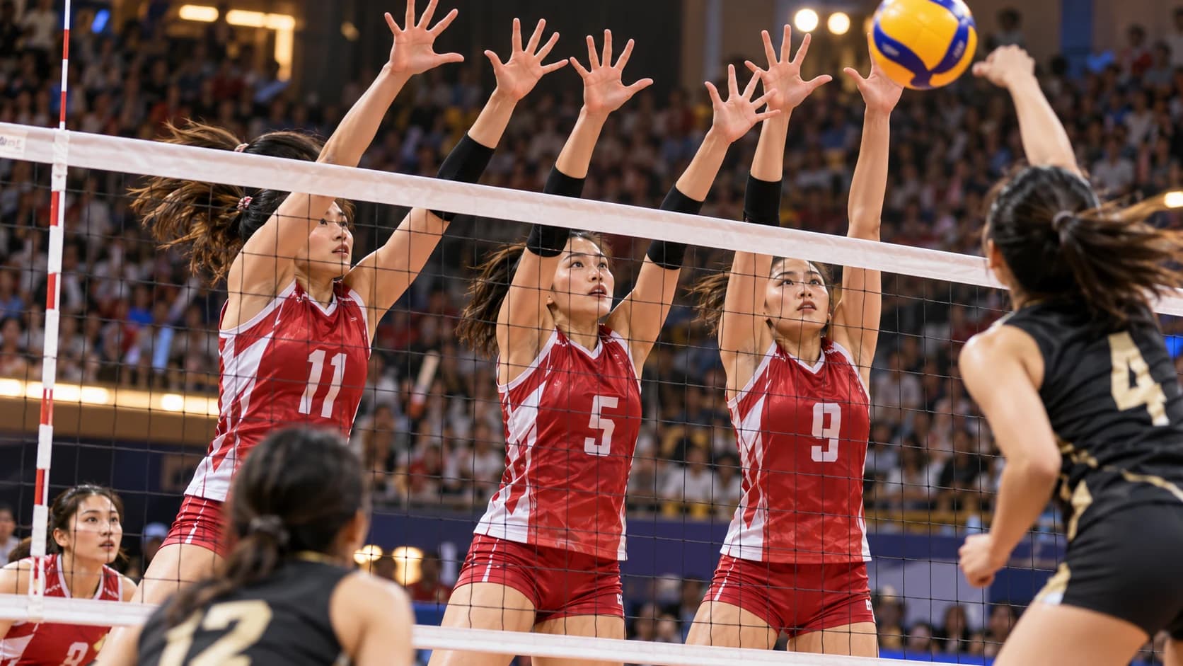 Illustrative image: a women's volleyball team blocking at the net in a packed arena. A concept illustration, not a photograph of the Thai national team or of the qualifying match.