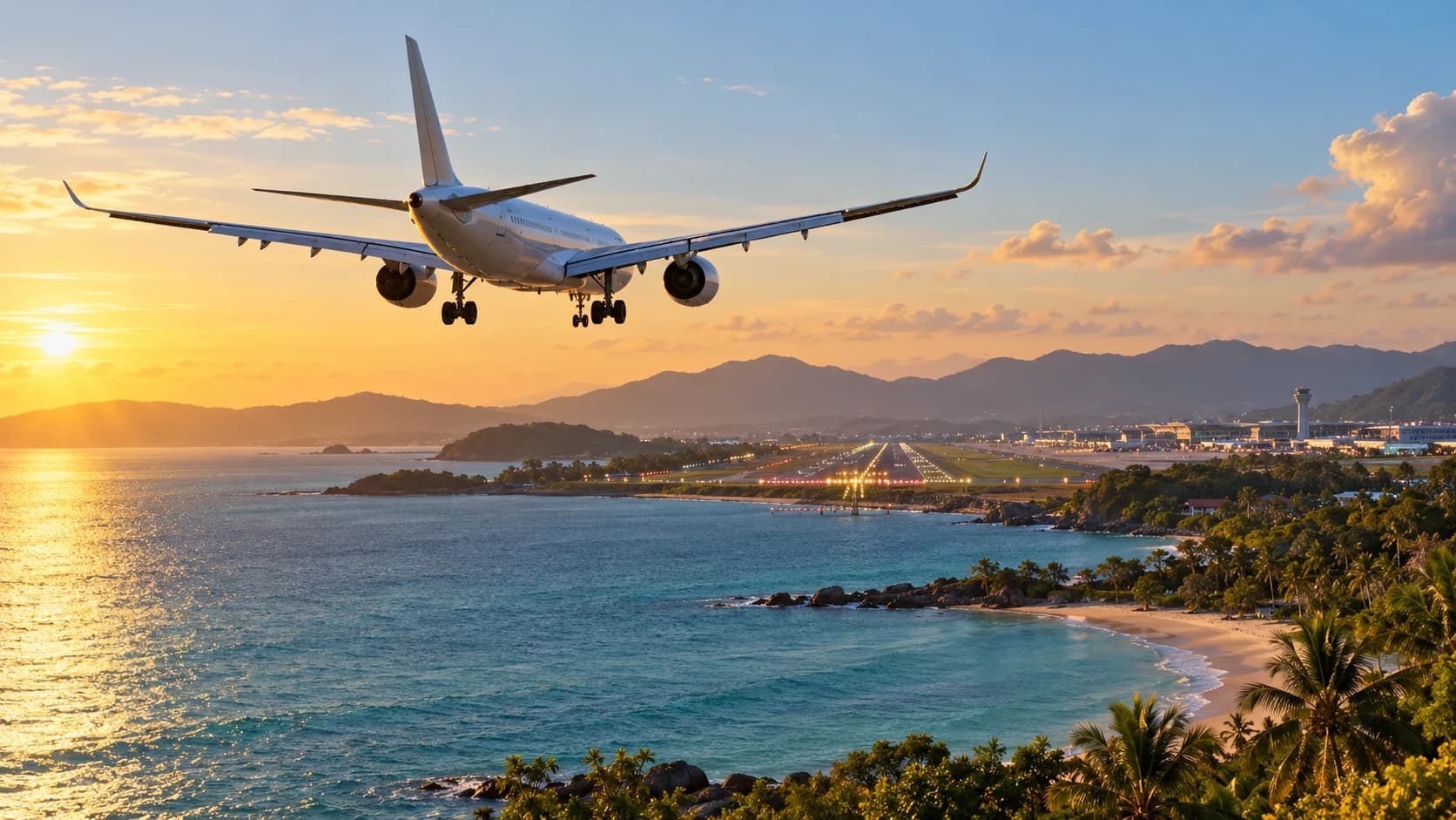 Illustrative image: an airliner on approach to a tropical coastline and runway at sunset. A generic concept illustration, not a photograph of a Virgin Atlantic aircraft or the London–Phuket flight.
