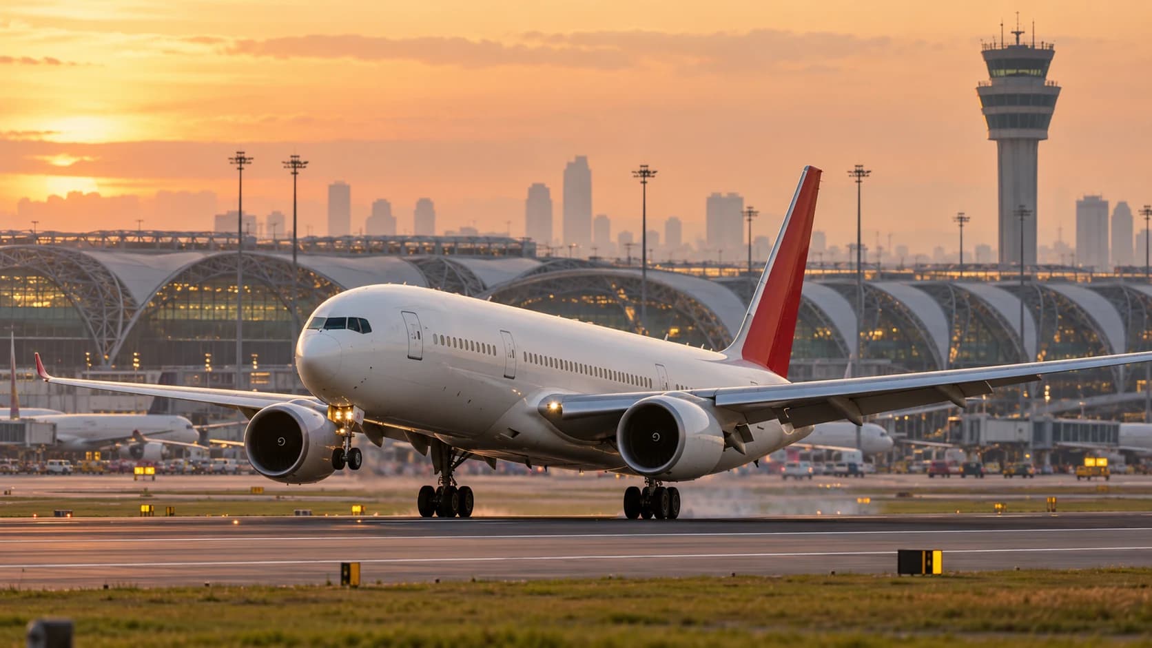 Illustrative image: a passenger jet at sunset beside an airport terminal. A generic concept illustration, not a photograph of a LOT Polish Airlines aircraft or the Warsaw–Bangkok service.