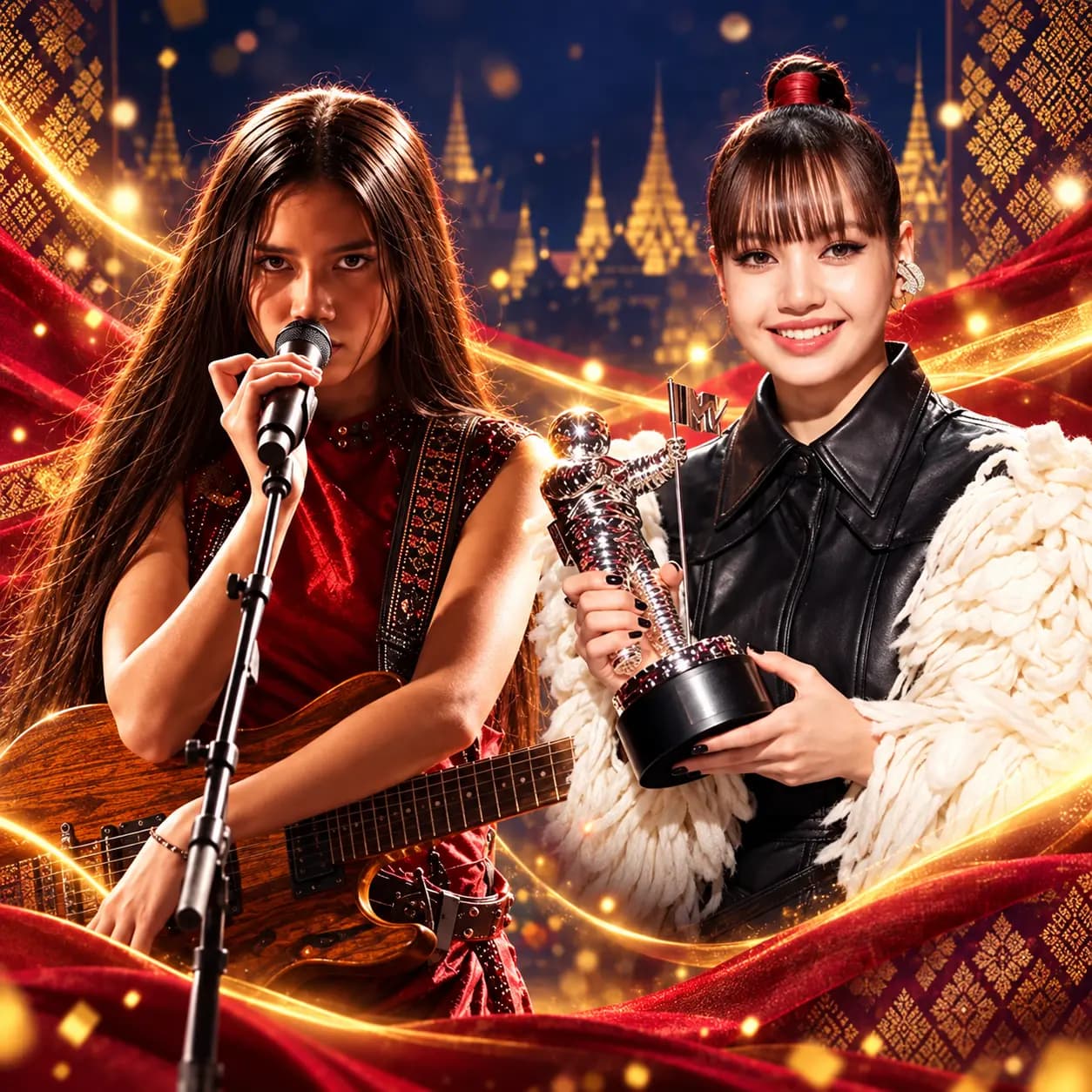 Celebratory editorial artwork of Nene Royal with her guitar and LISA holding her VMA