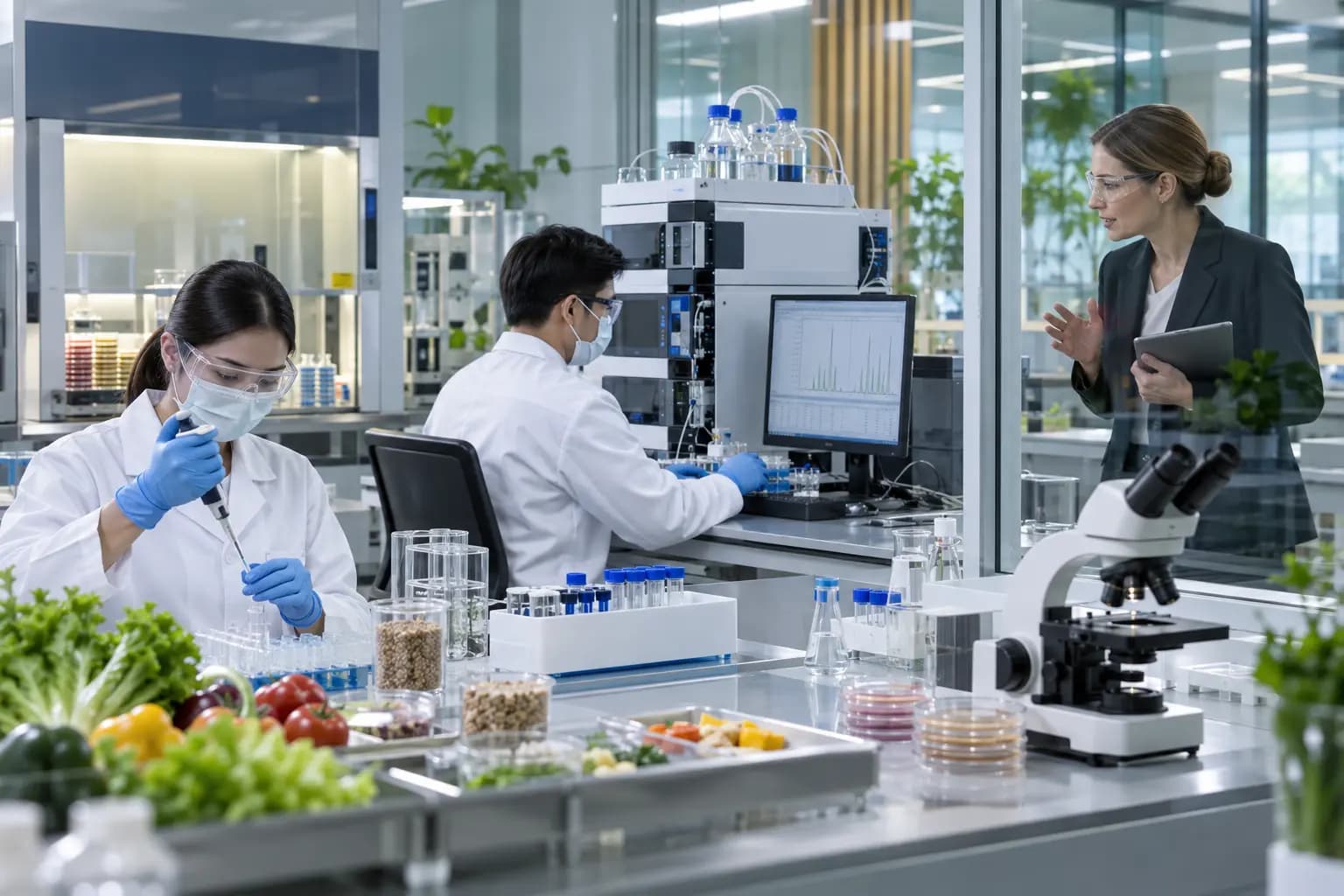 Scientists using chromatography and microbiology equipment to analyse food samples in a laboratory