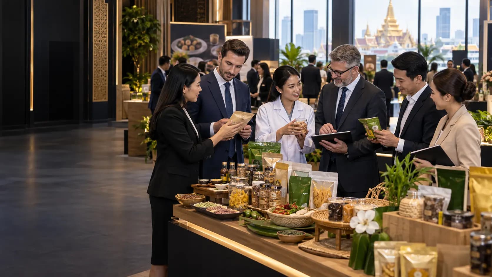 Food manufacturers, ingredient specialists and international buyers discussing products around display tables at a business-matching event