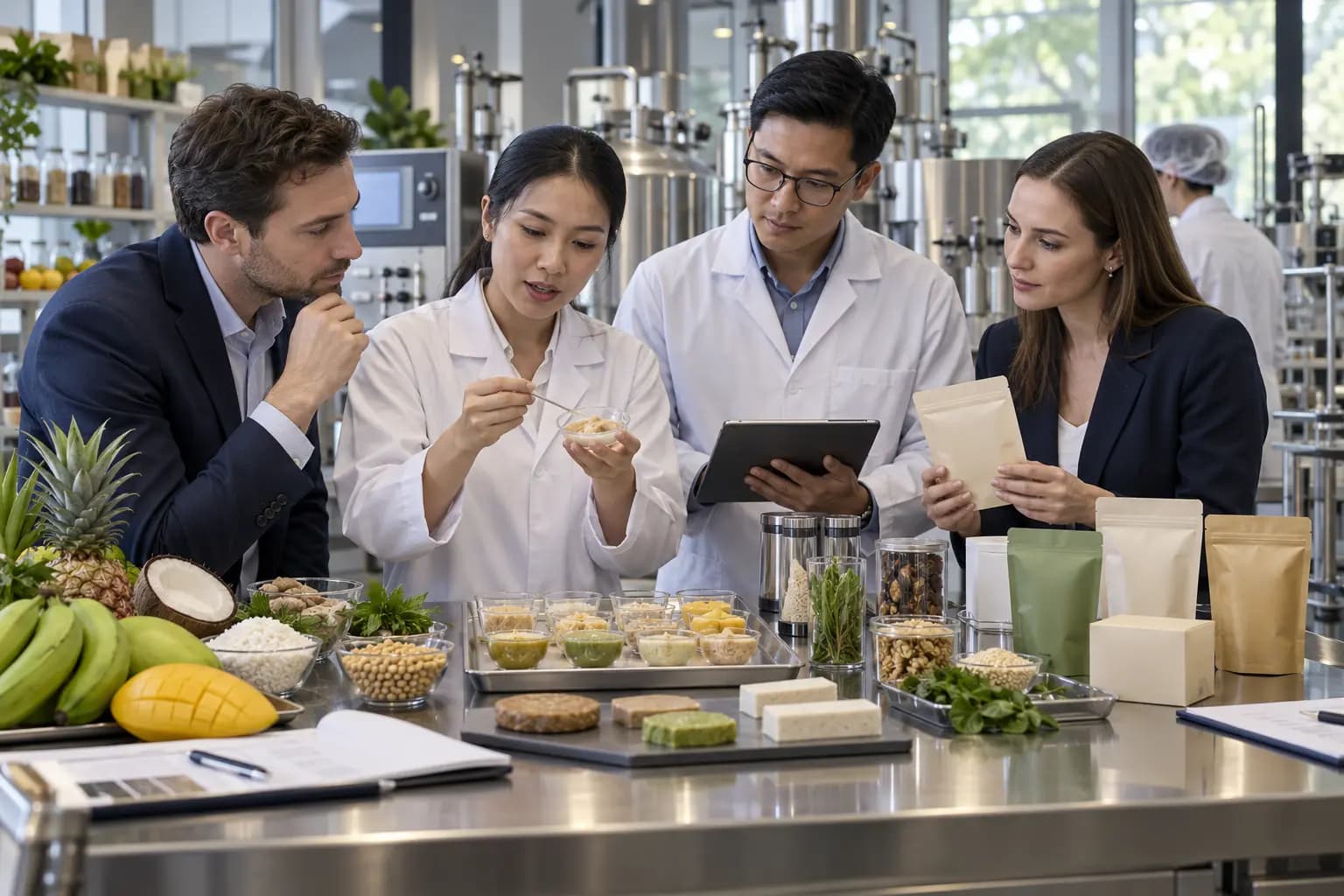 Multidisciplinary team in a pilot food-development kitchen comparing formulations, texture and packaging prototypes
