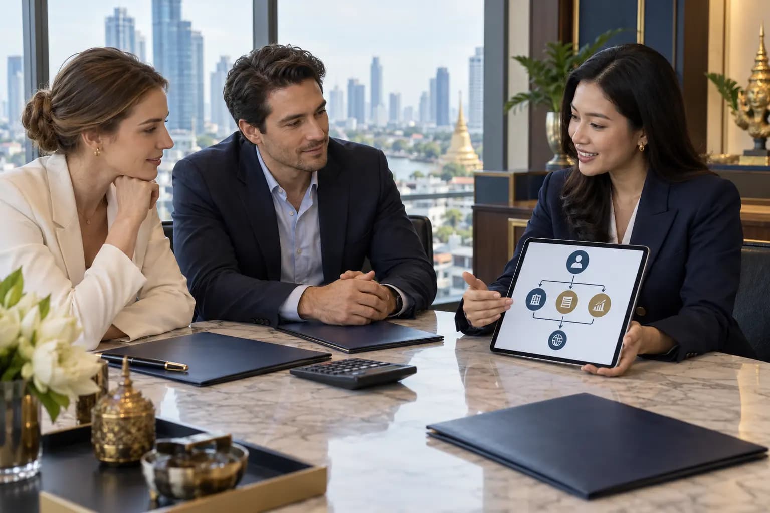 An investor and OSOS staff reviewing company registration and business-establishment documents