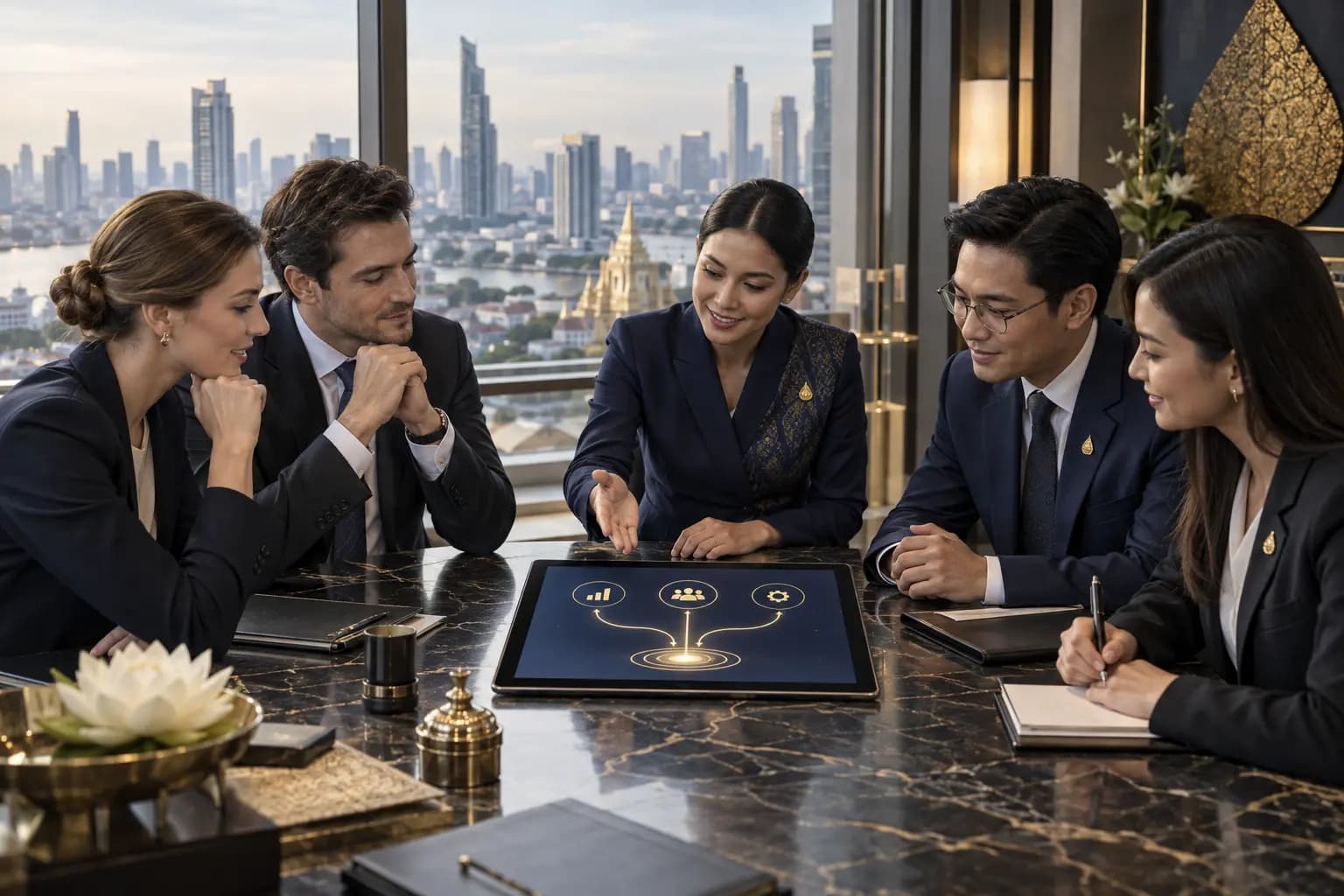 Investors and OSOS officers in a single-window consultation meeting, reviewing an investment plan together