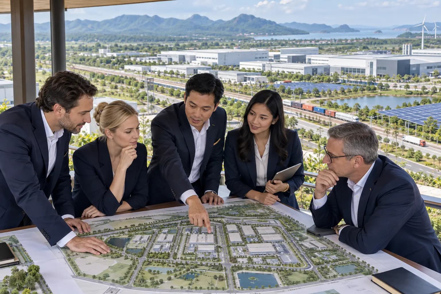 Investors and officials reviewing a site-selection map for an industrial location in Thailand