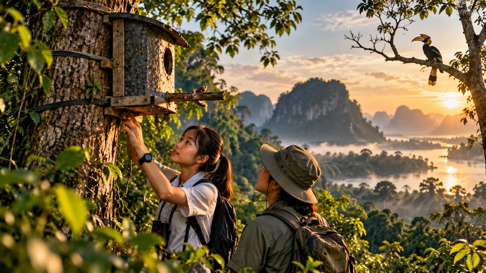 ภาพประกอบ: นกเงือกใกล้รังในป่า งานศิลป์เชิงแนวคิด ไม่ใช่ภาพถ่าย