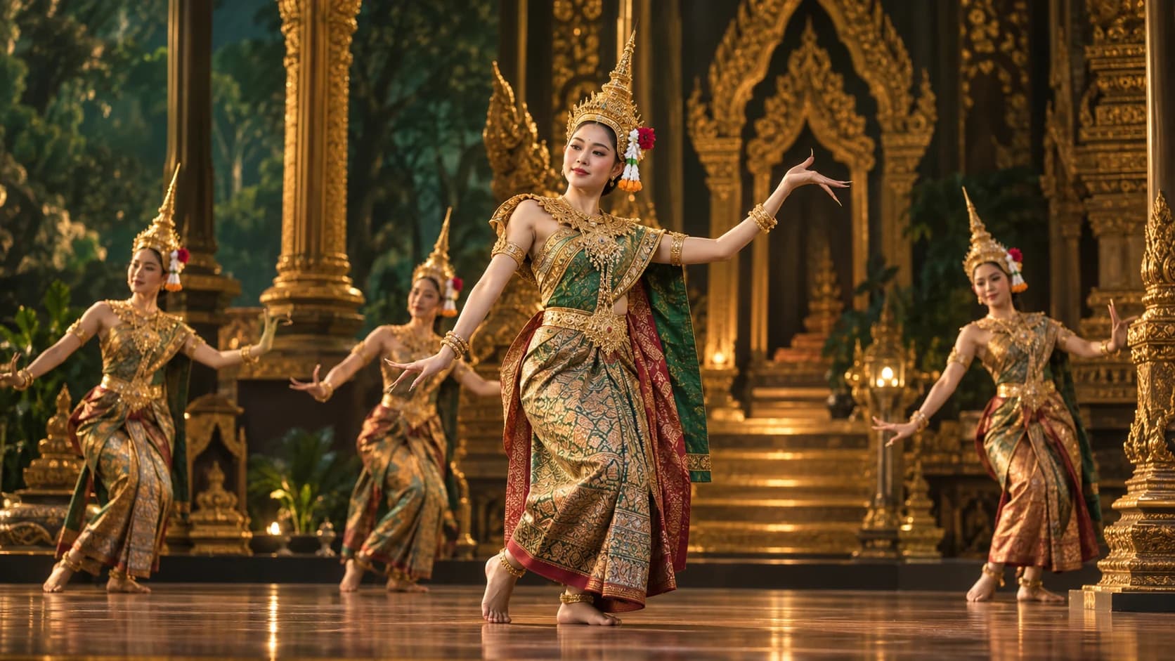 Illustrative concept: classical Thai dancers in gold and green costume and tall crowns performing in an ornate gilded hall.