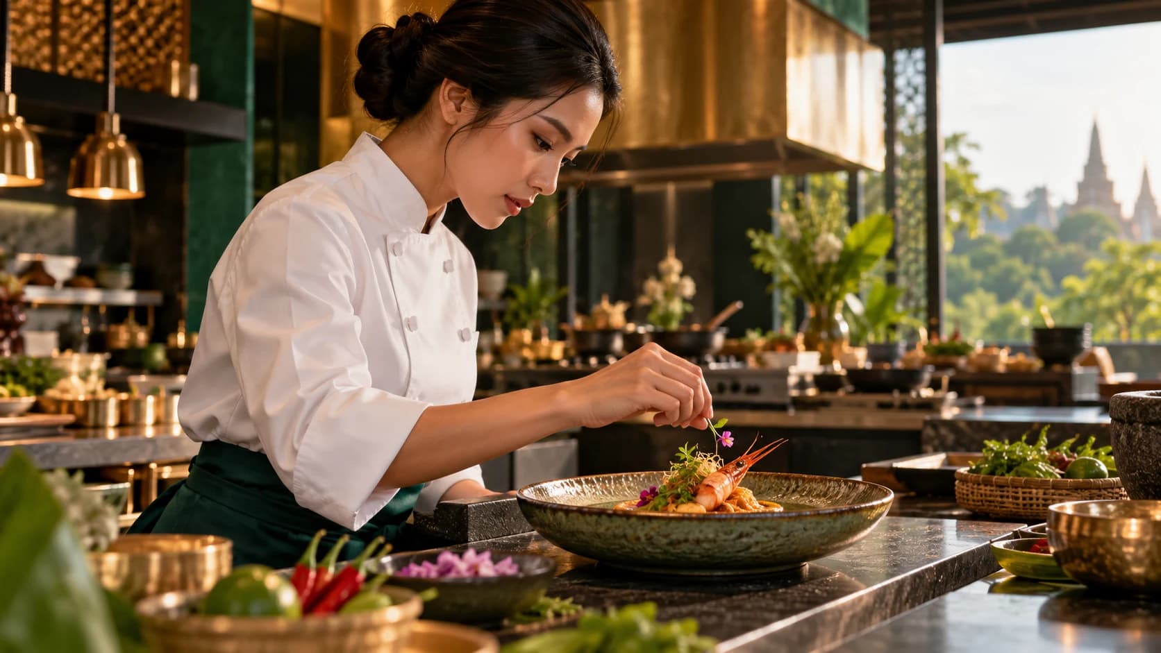 Illustrative concept: a chef in whites plating a prawn dish with herbs and a small flower in a modern kitchen.
