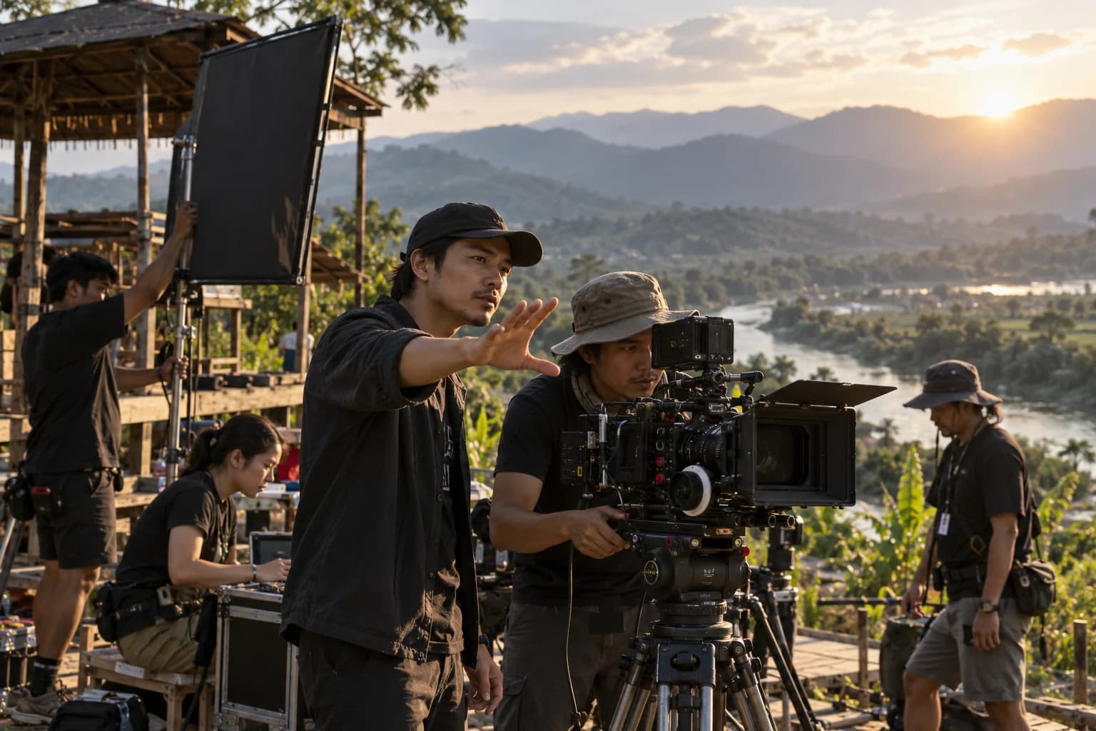Illustrative concept: a film crew with a cinema camera on a hillside set at sunset, with mountains and a river behind.