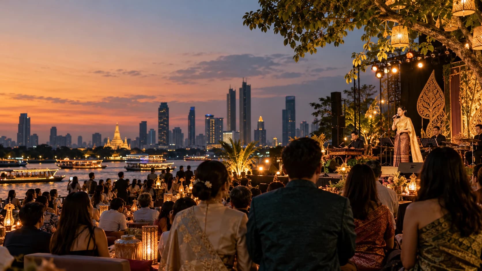 Illustrative concept: an evening riverside concert in Bangkok with a performer on stage, an audience in the foreground and a lit temple spire and skyline behind.
