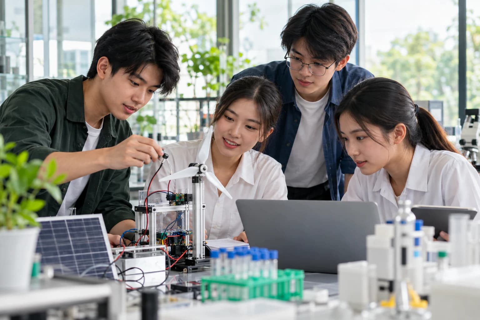Illustrative concept: four students building a small wind-turbine and solar-panel model together in a bright laboratory.