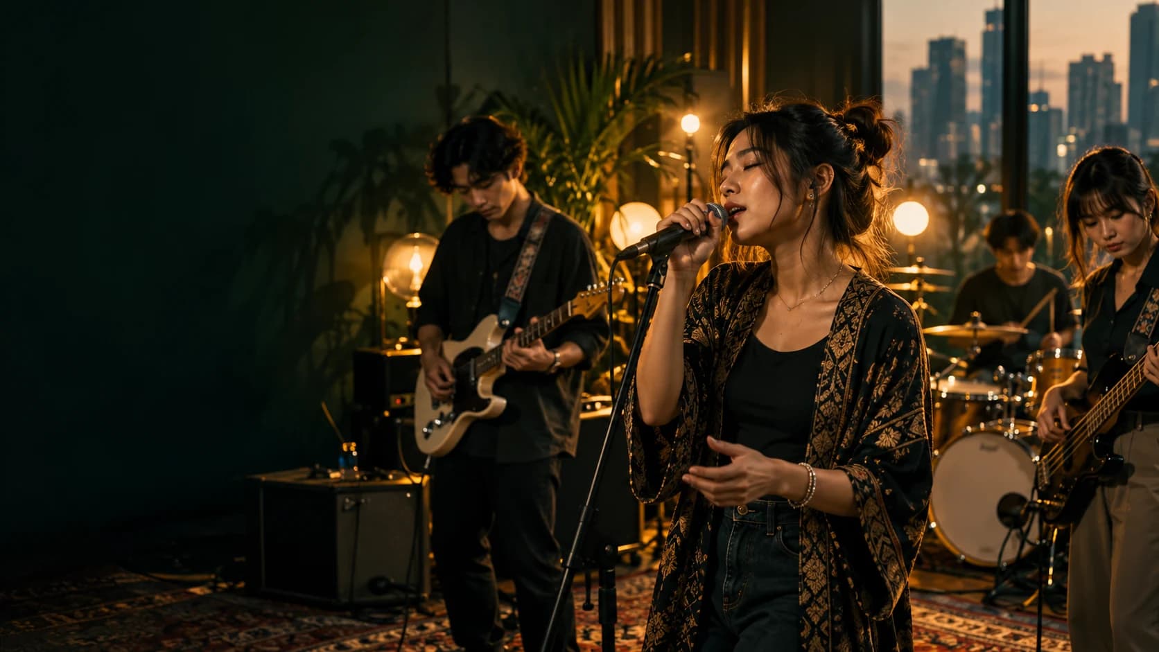 Illustrative concept: a singer with a live band in a warmly lit studio with a city skyline through the window.