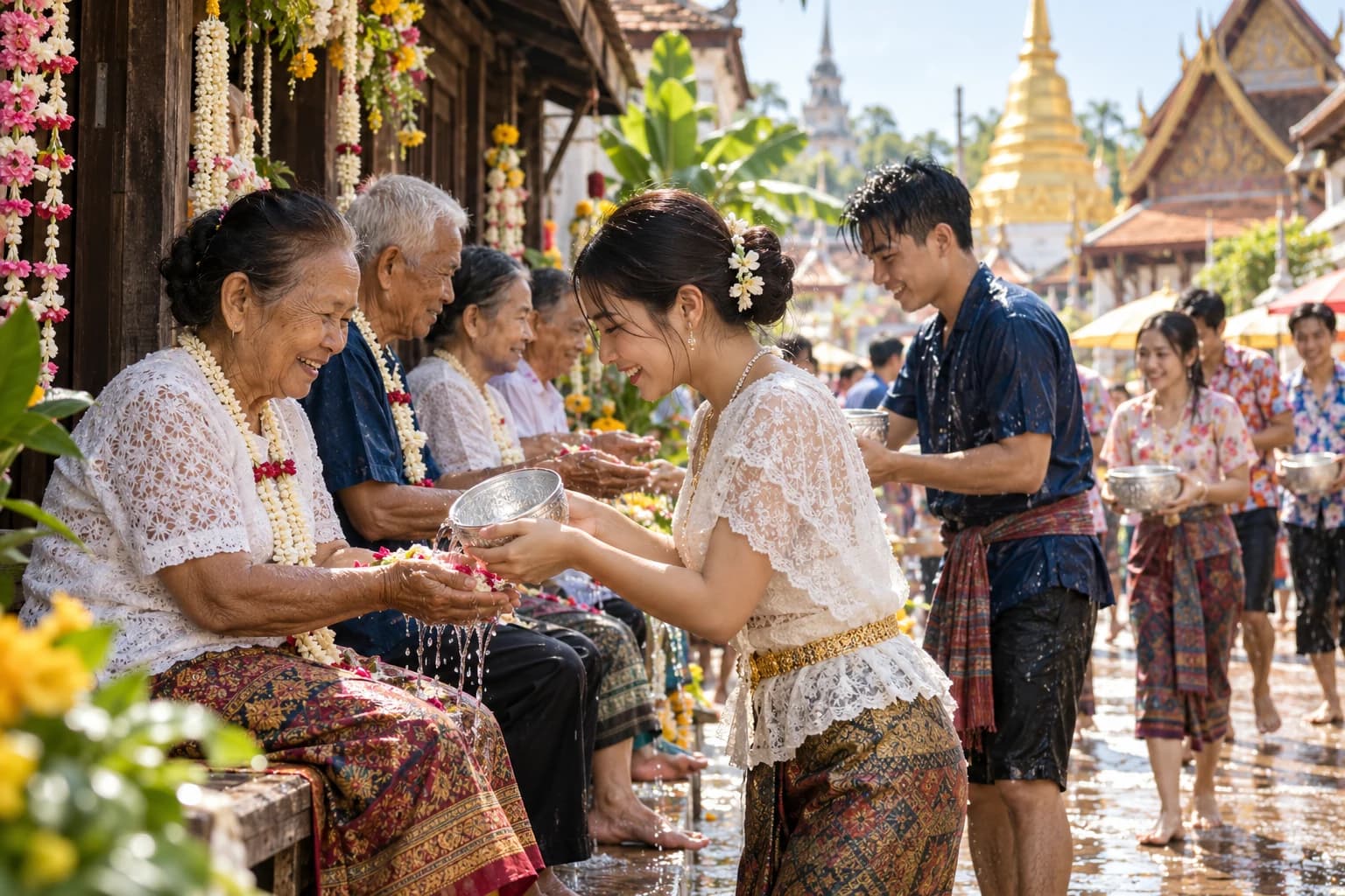 Illustrative concept: a young woman gently pouring scented water over an elder's hands during a Songkran-style blessing, with a golden temple behind.
