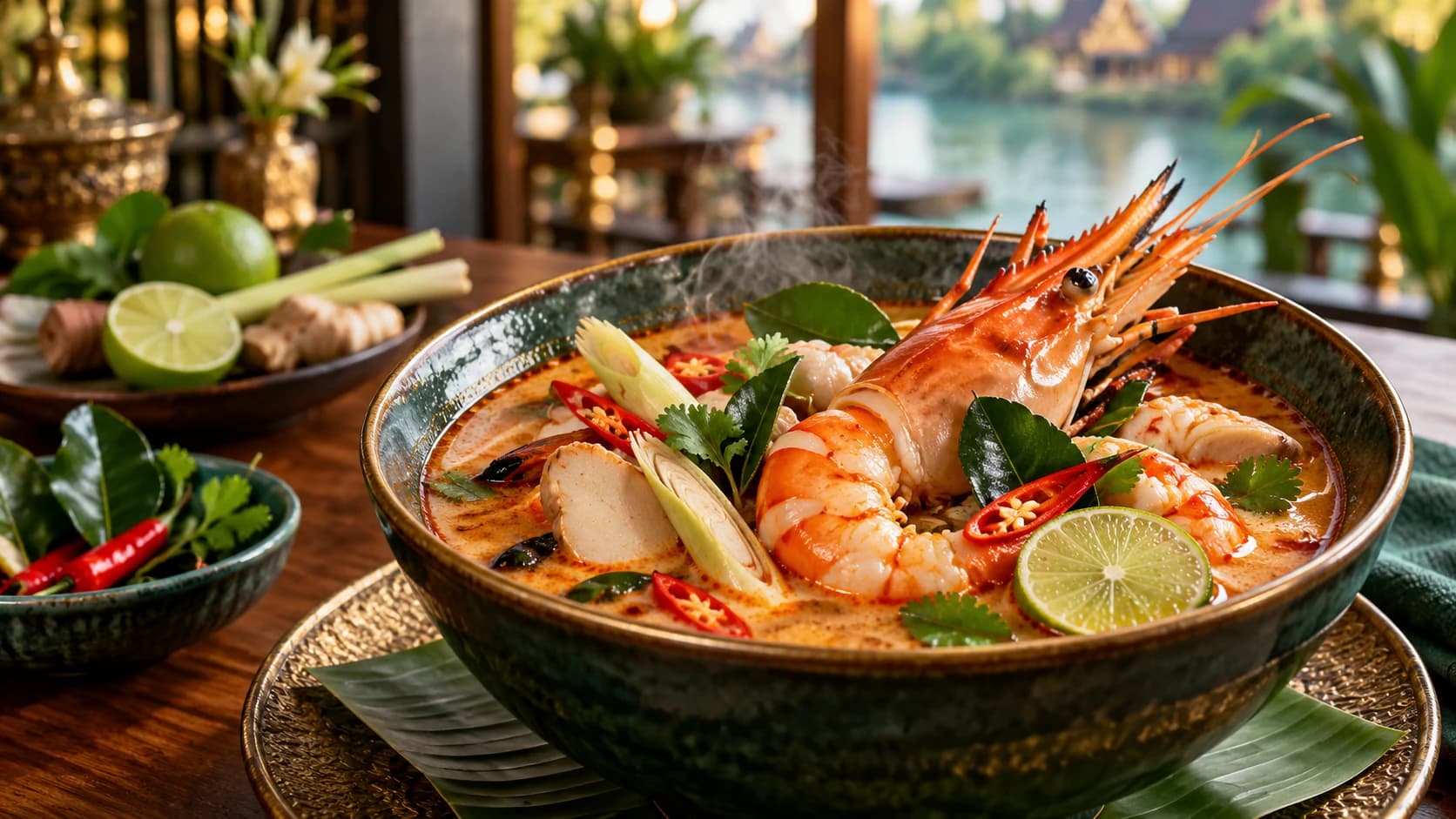 Illustrative concept: a steaming bowl of prawn soup with lemongrass, lime, chilli and herbs on a wooden table.