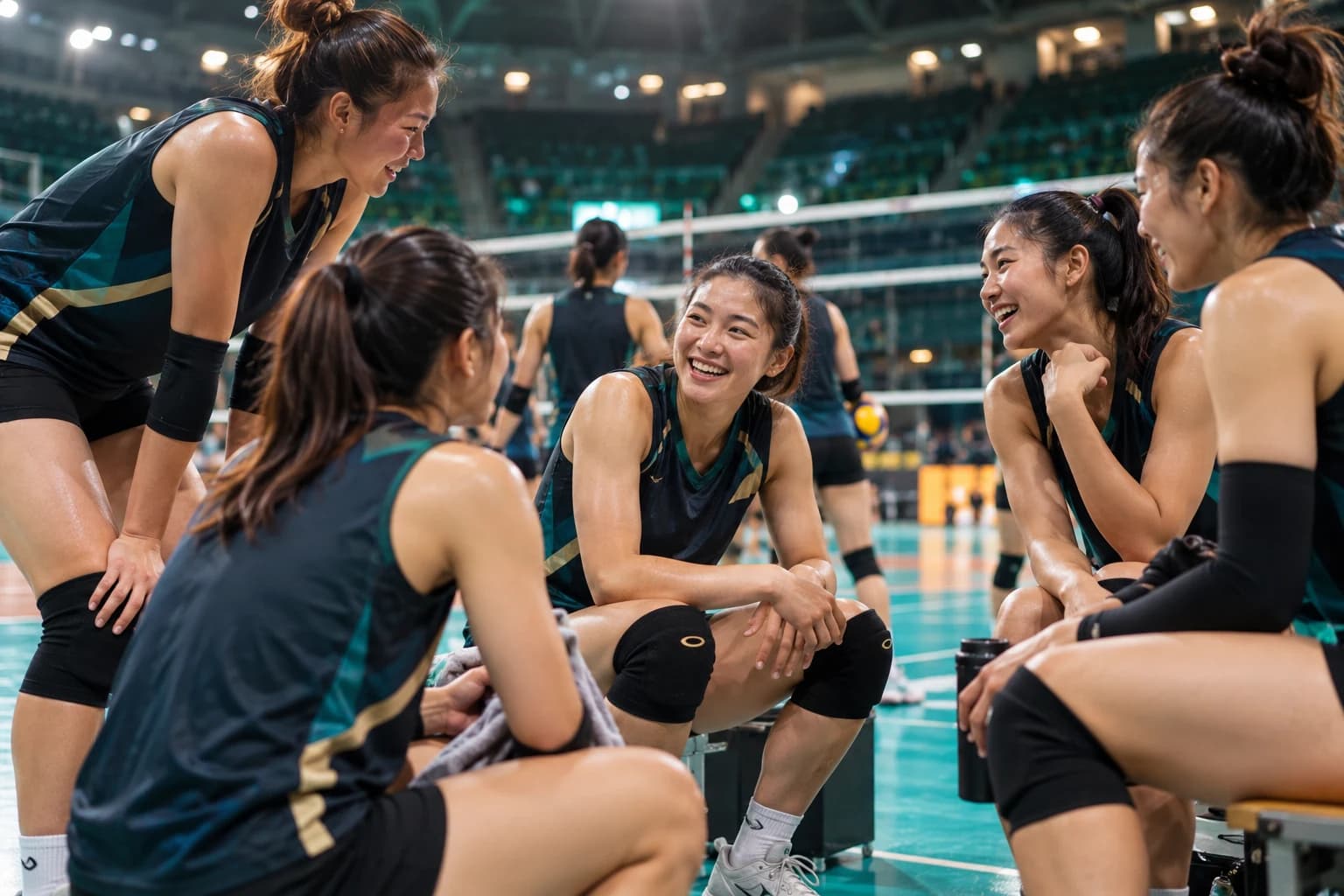 Illustrative concept: volleyball players in dark team kit laughing together on the bench in an indoor arena.