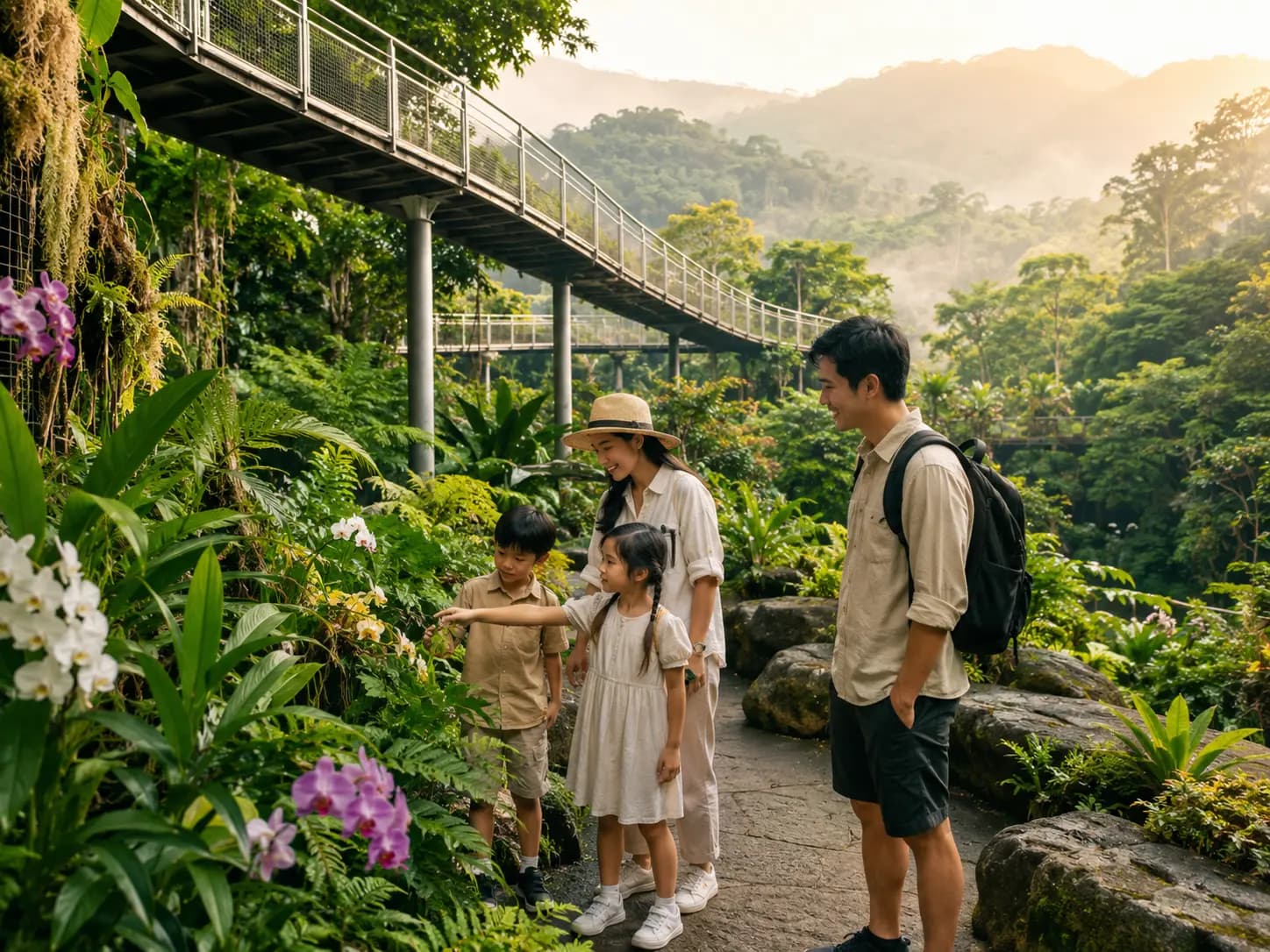 Conceptual editorial image of a family exploring a tropical botanical garden and canopy walkway.