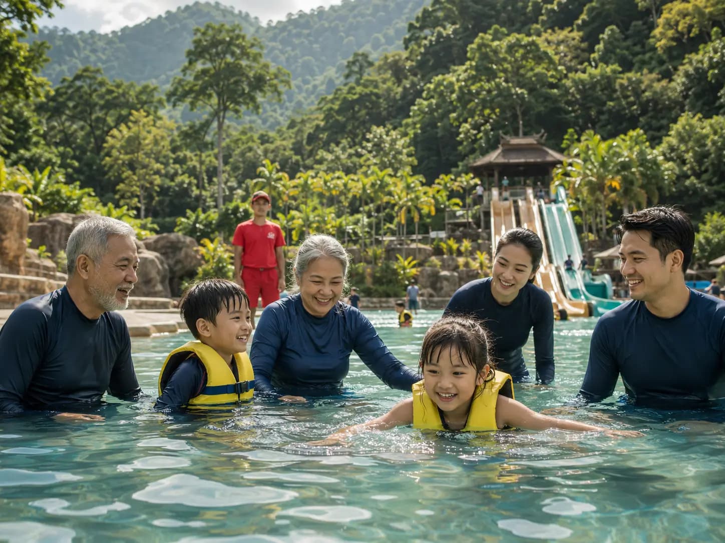Conceptual editorial image of a family enjoying an outdoor water recreation activity.