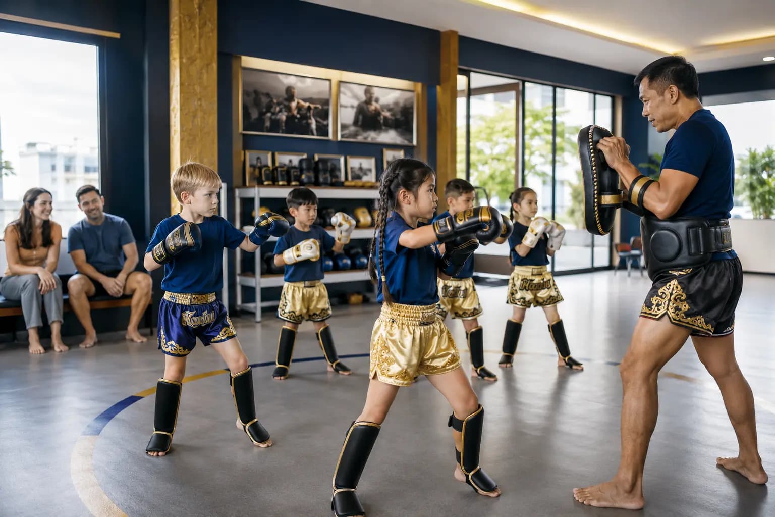 Children practising beginner Muay Thai techniques with a qualified instructor in a conceptual training studio.