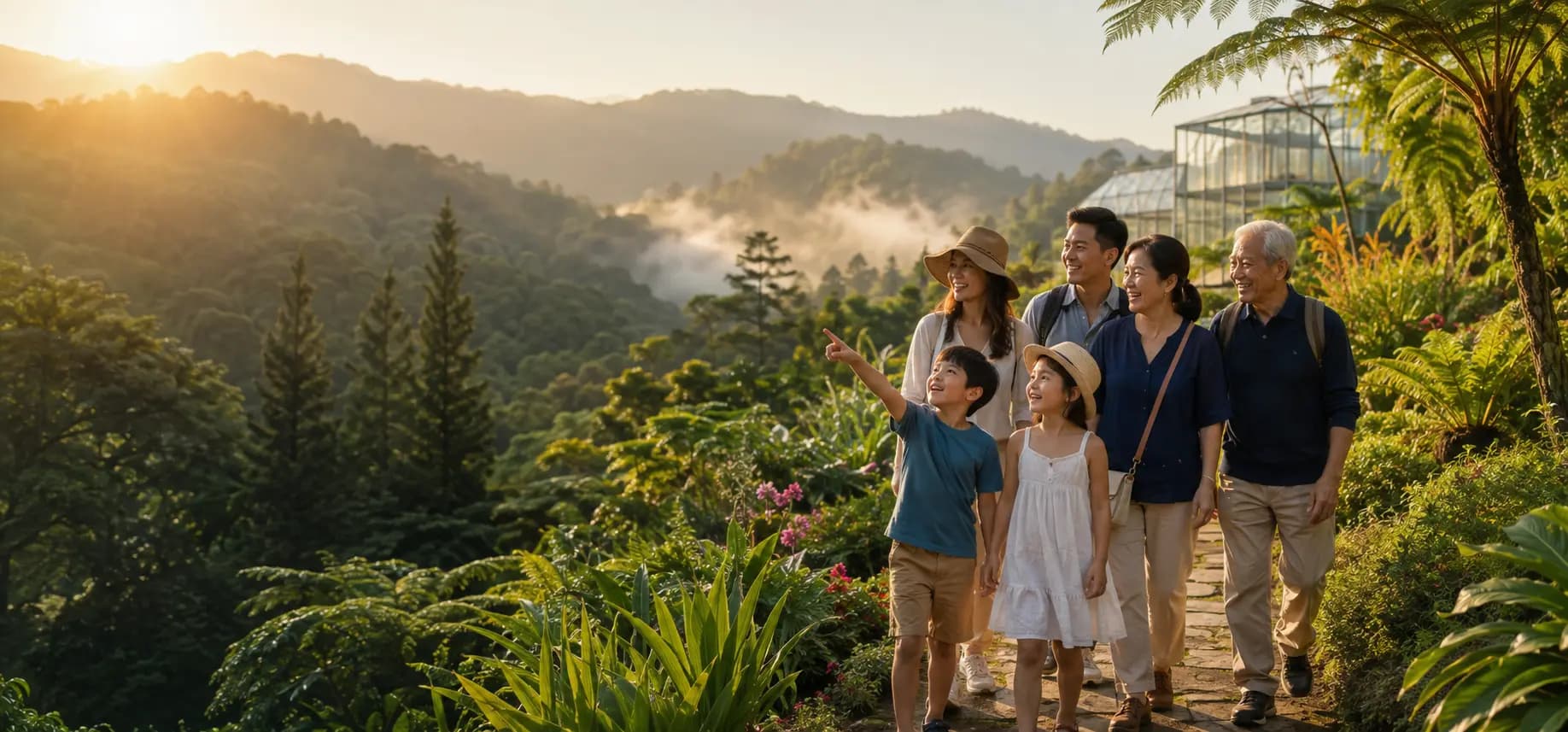 Conceptual editorial image of a family in a mountain and garden landscape in Northern Thailand.