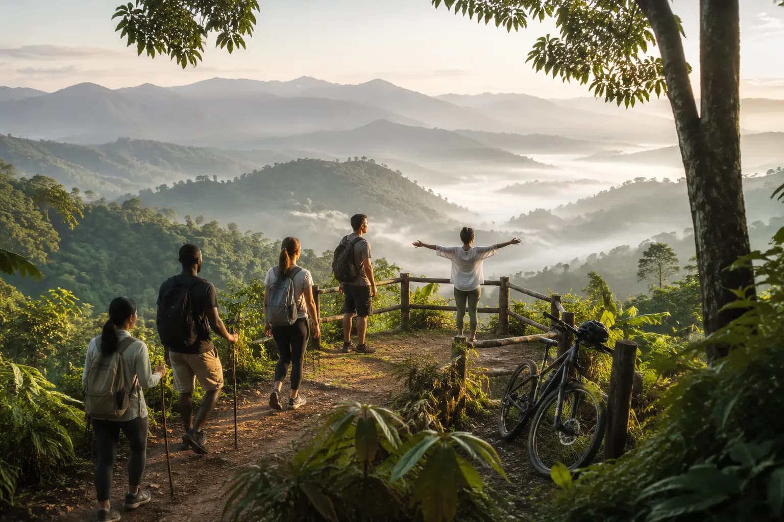 Travellers hiking through a green mountain landscape in Thailand.