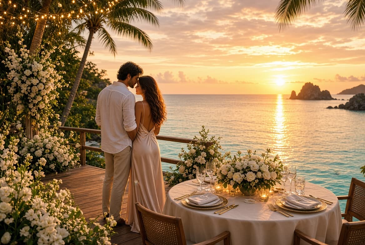 Conceptual editorial image representing honeymoon and romantic-travel experiences in Thailand — a couple at a private oceanfront dinner setting.