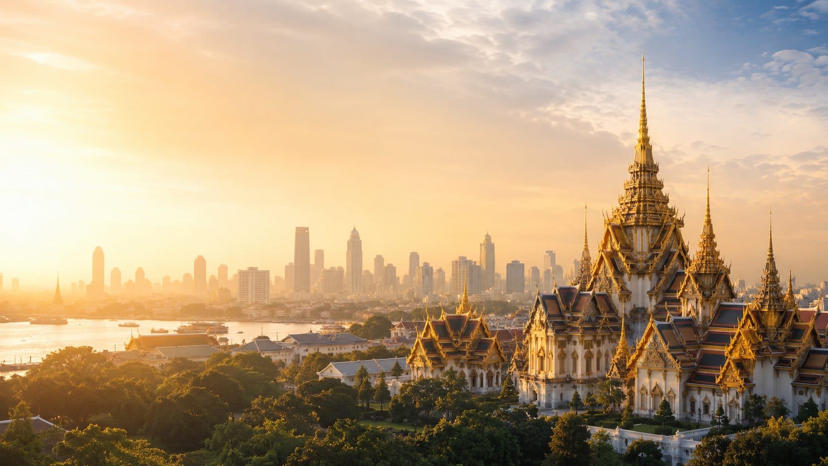 Bangkok skyline with temple at golden hour