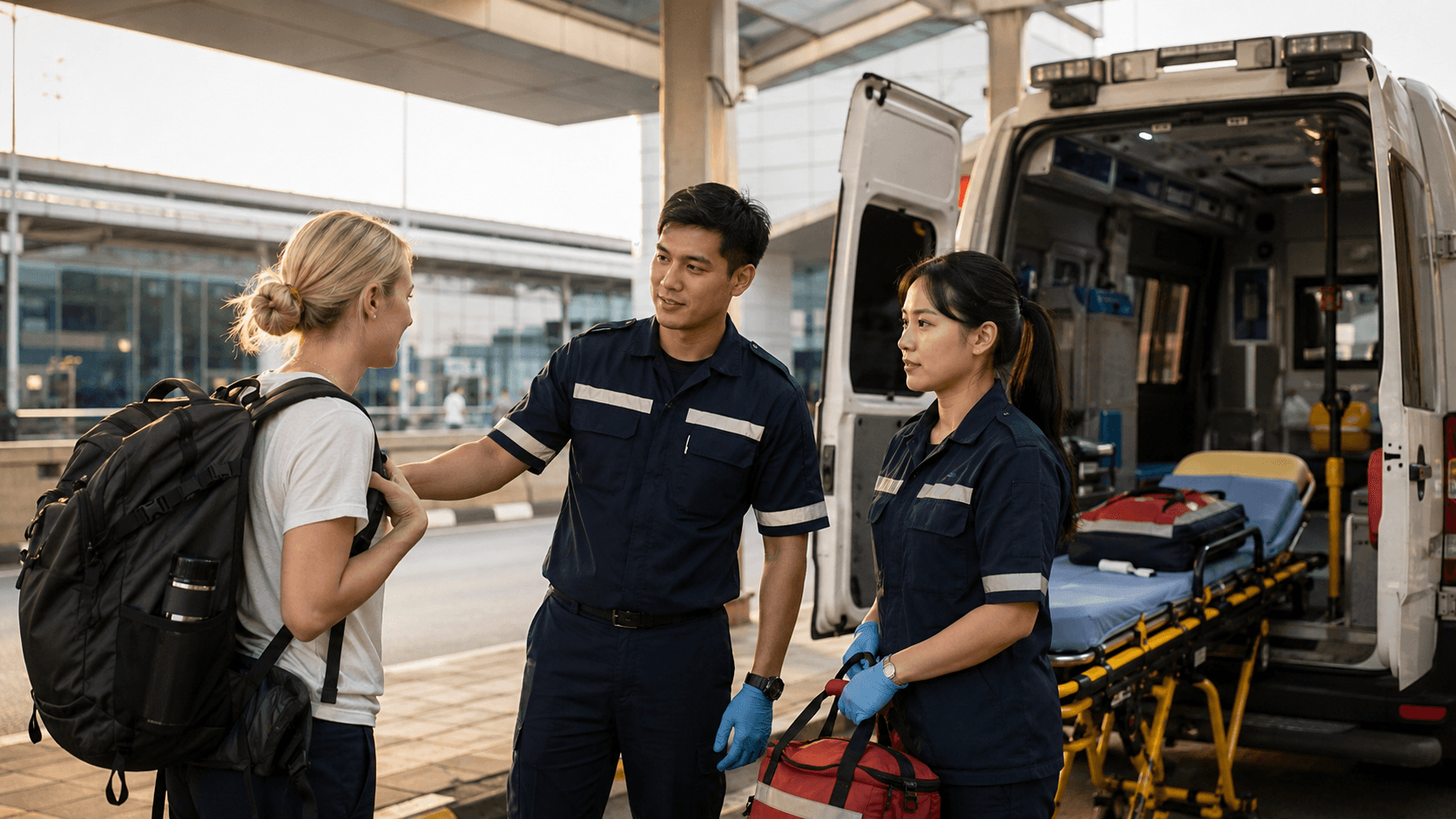 Thai emergency medical personnel assisting an international traveler