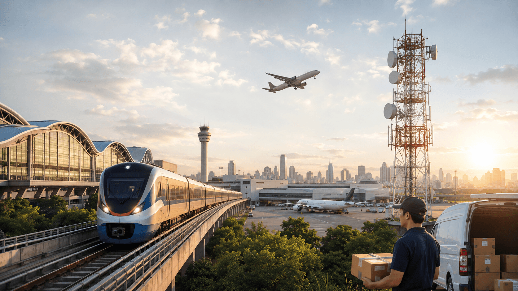 Editorial illustration of Thailand's national connectivity — transport, digital and energy infrastructure themes